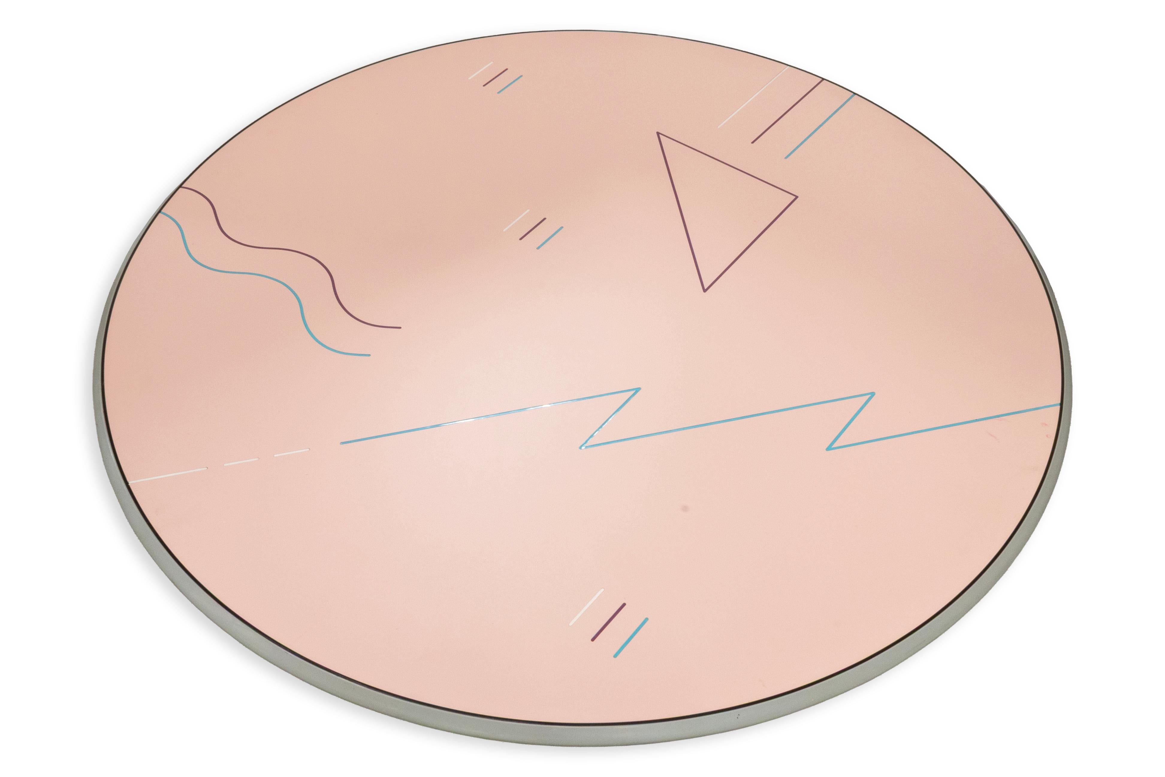 Postmoderne Table basse circulaire rose et sarcelle avec plateau graphique, style post-moderne Memphis en vente