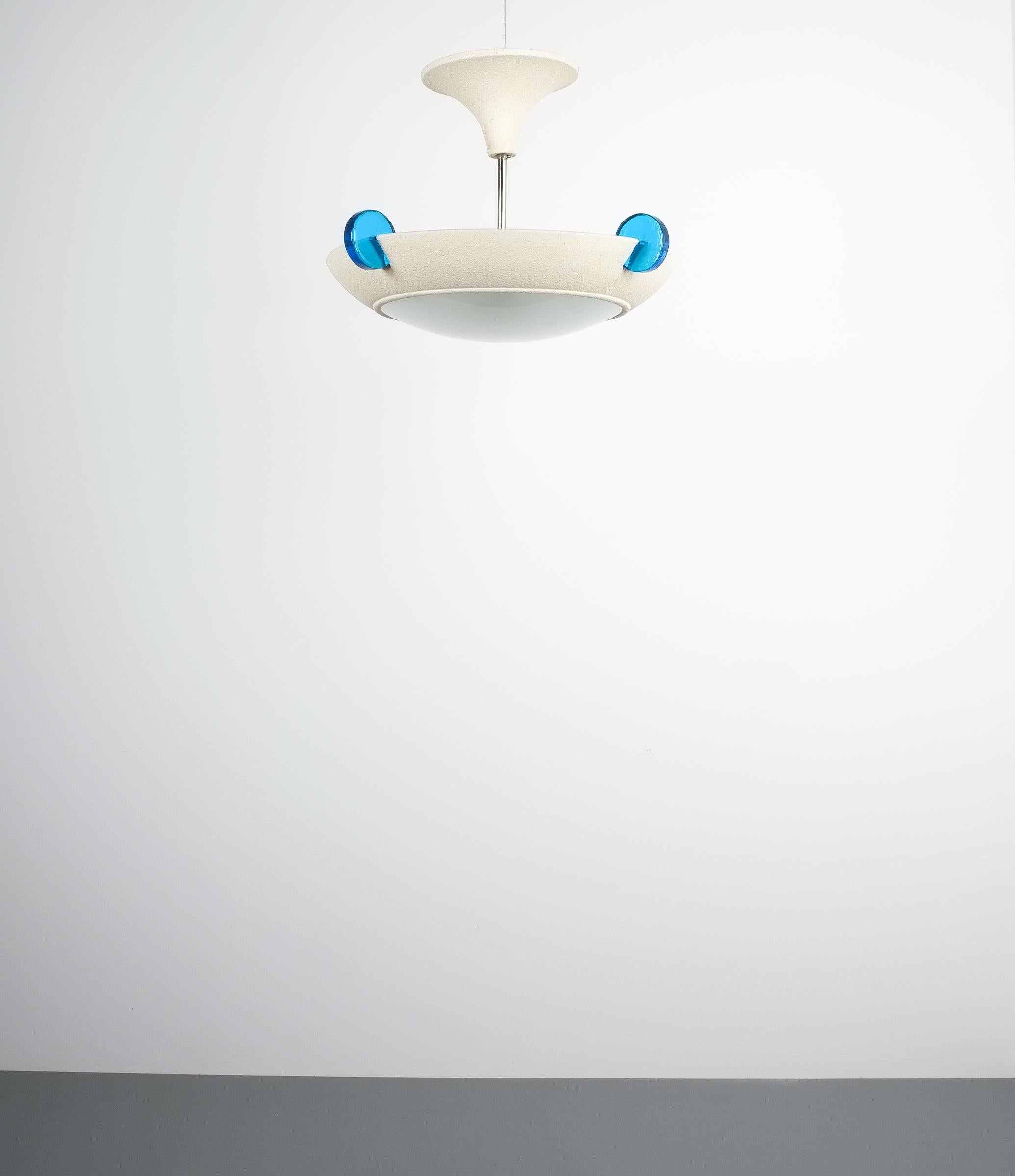 Postmodern Memphis style semi flush mount or chandelier, Italy, circa 1985. Very rare 23” light fixture featuring an opal glass dome and 4 heavy blue glass chunks around a metal structure with an unusual lacquered finish. It can either be used as a