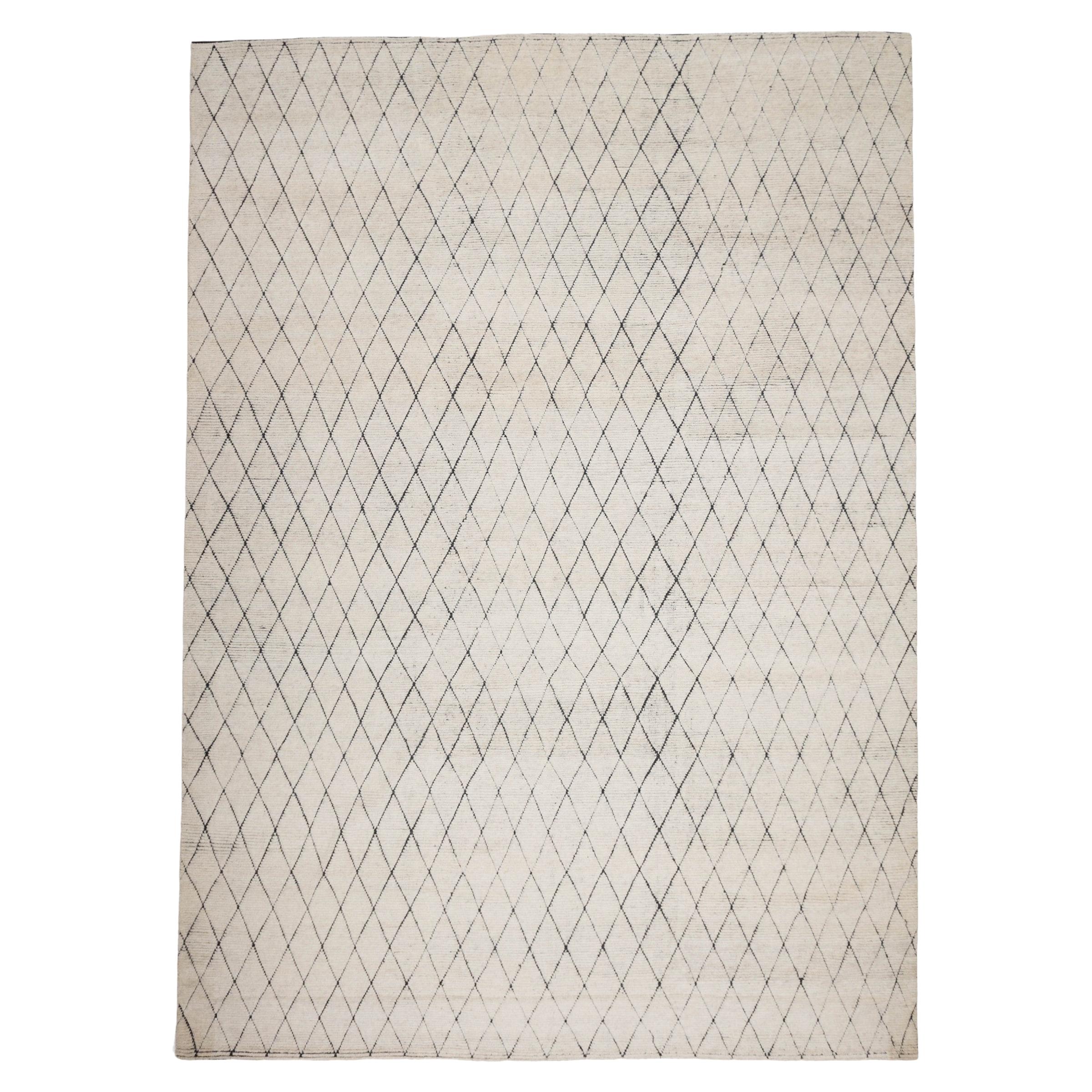 Postmodern Minimalist Diamond Pattern Hand-Knotted Cream Wool Rug