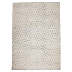 Postmodern Minimalist Diamond Pattern Hand-Knotted Cream Wool Rug