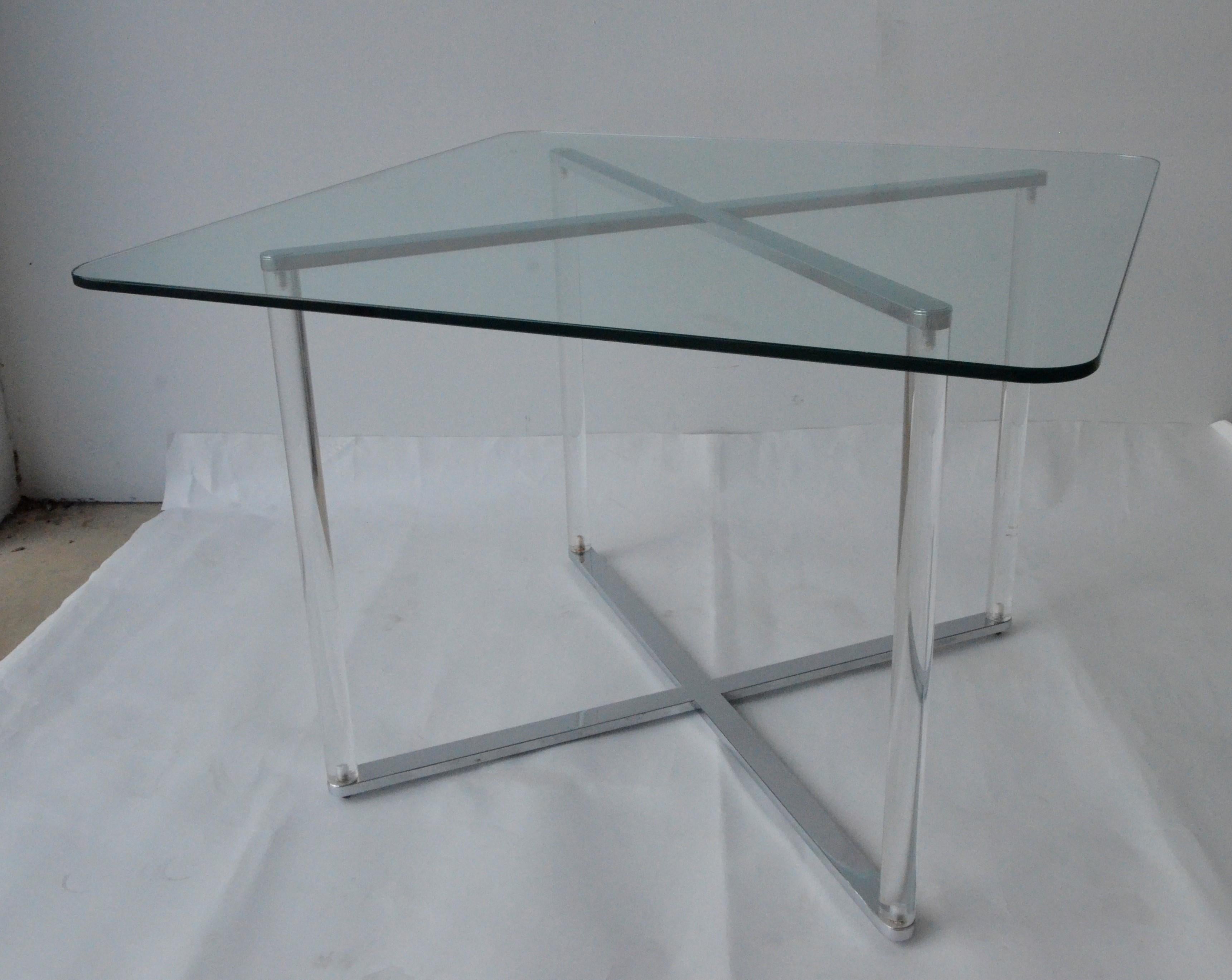 Plated Minotti Style Square Lucite, Glass and Chrome X-Base Side /End / Cocktail Table For Sale