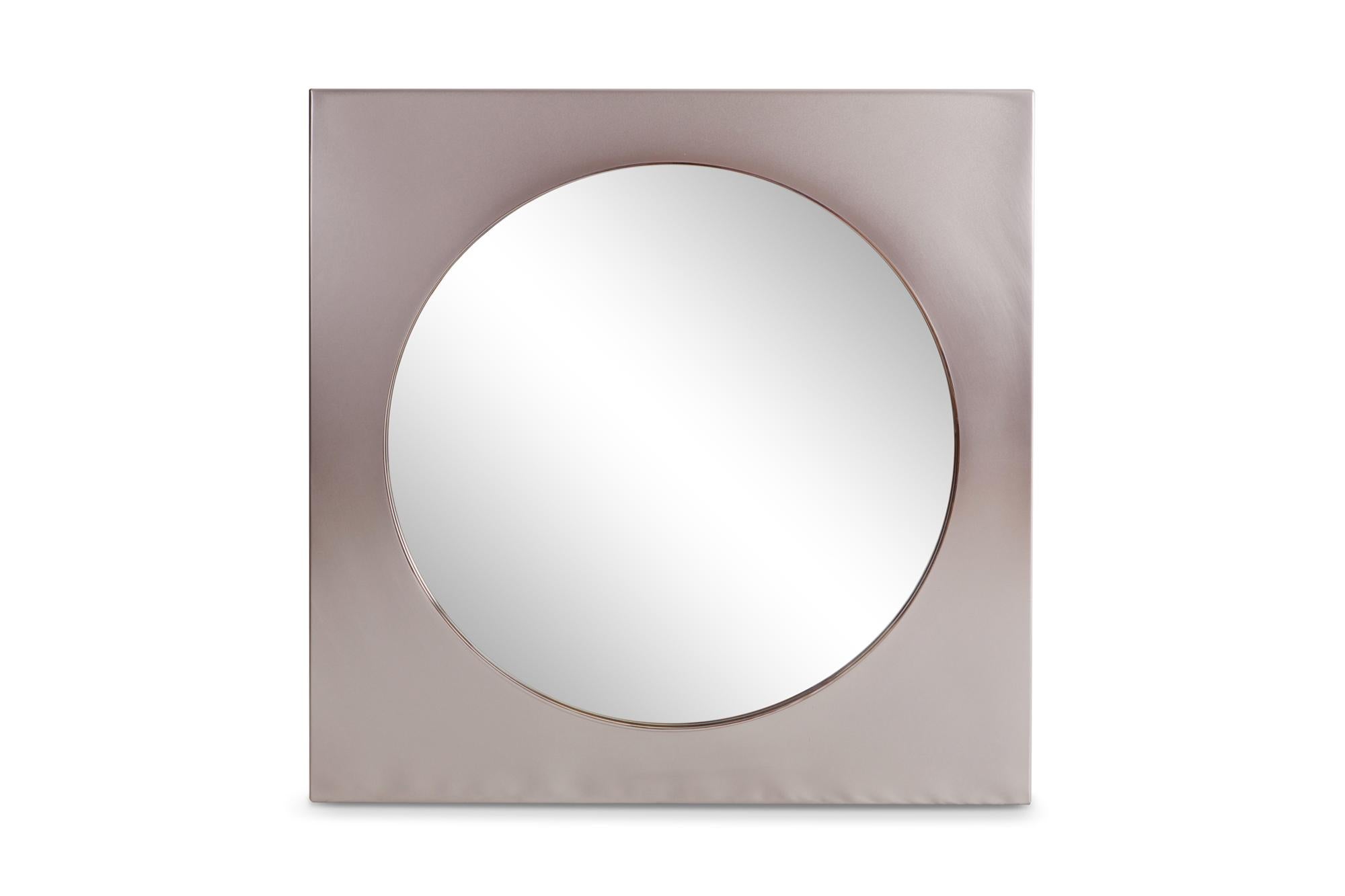 Minimalist postmodern square mirror by Belgo Chrom in brushed steel.

Would fit well in an eclectic Hollywood Regency interior inspired by Maison Jansen.
 