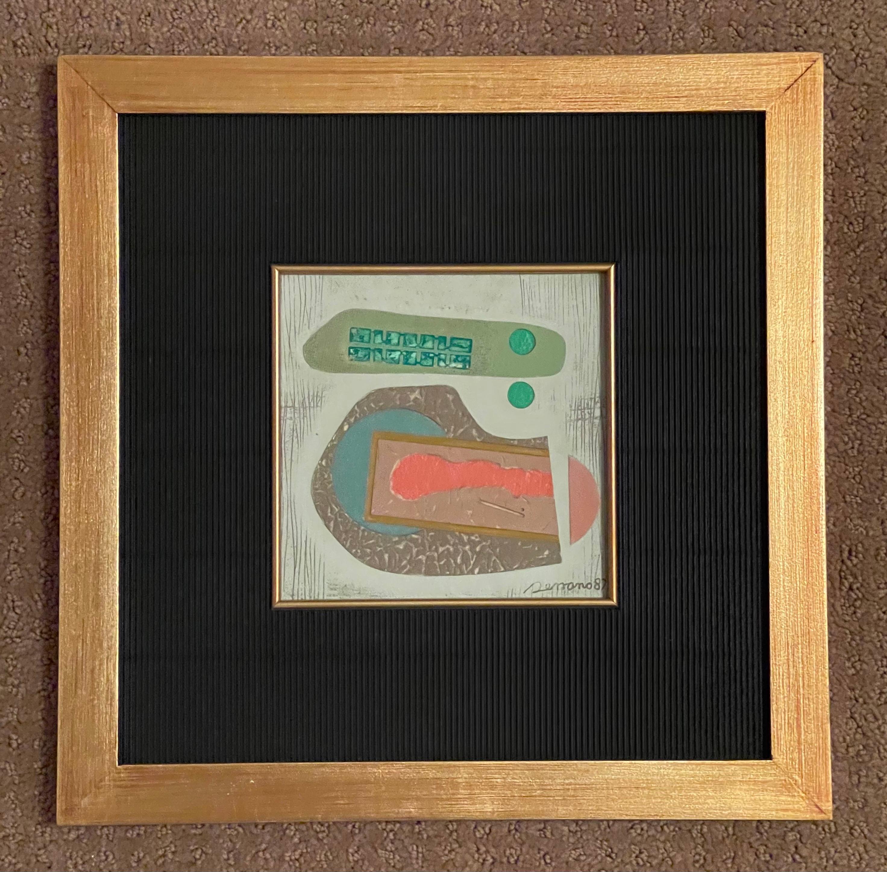 Post Modern mixed media three dimensional abstract by listed Mexican artist Jose Luis Serrano, circa 1982. Framed and mounted on board measuring 13.75