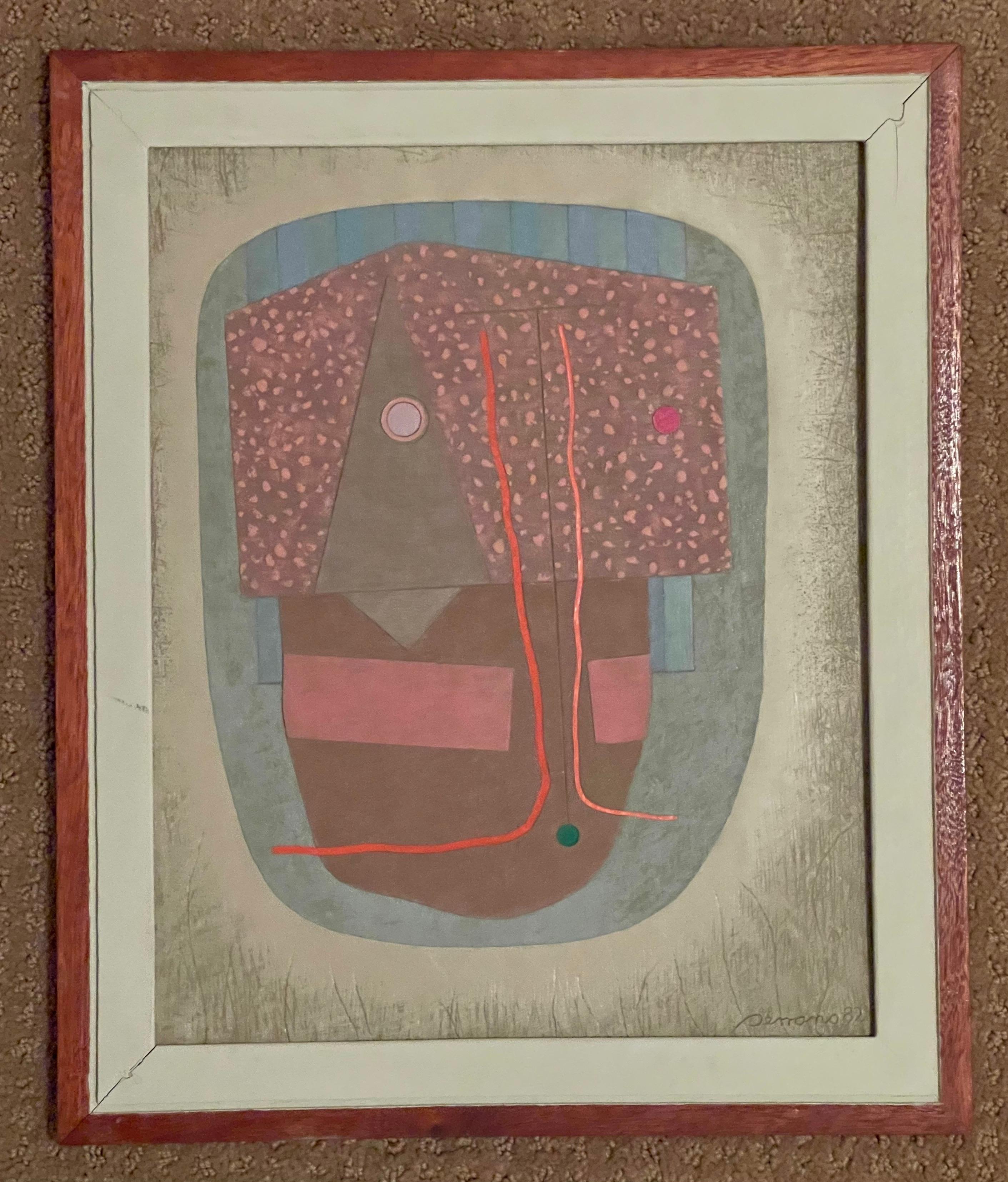 Post Modern mixed media three dimensional abstract by listed Mexican artist Jose Luis Serrano, circa 1982. Framed and mounted on board measuring 13.75