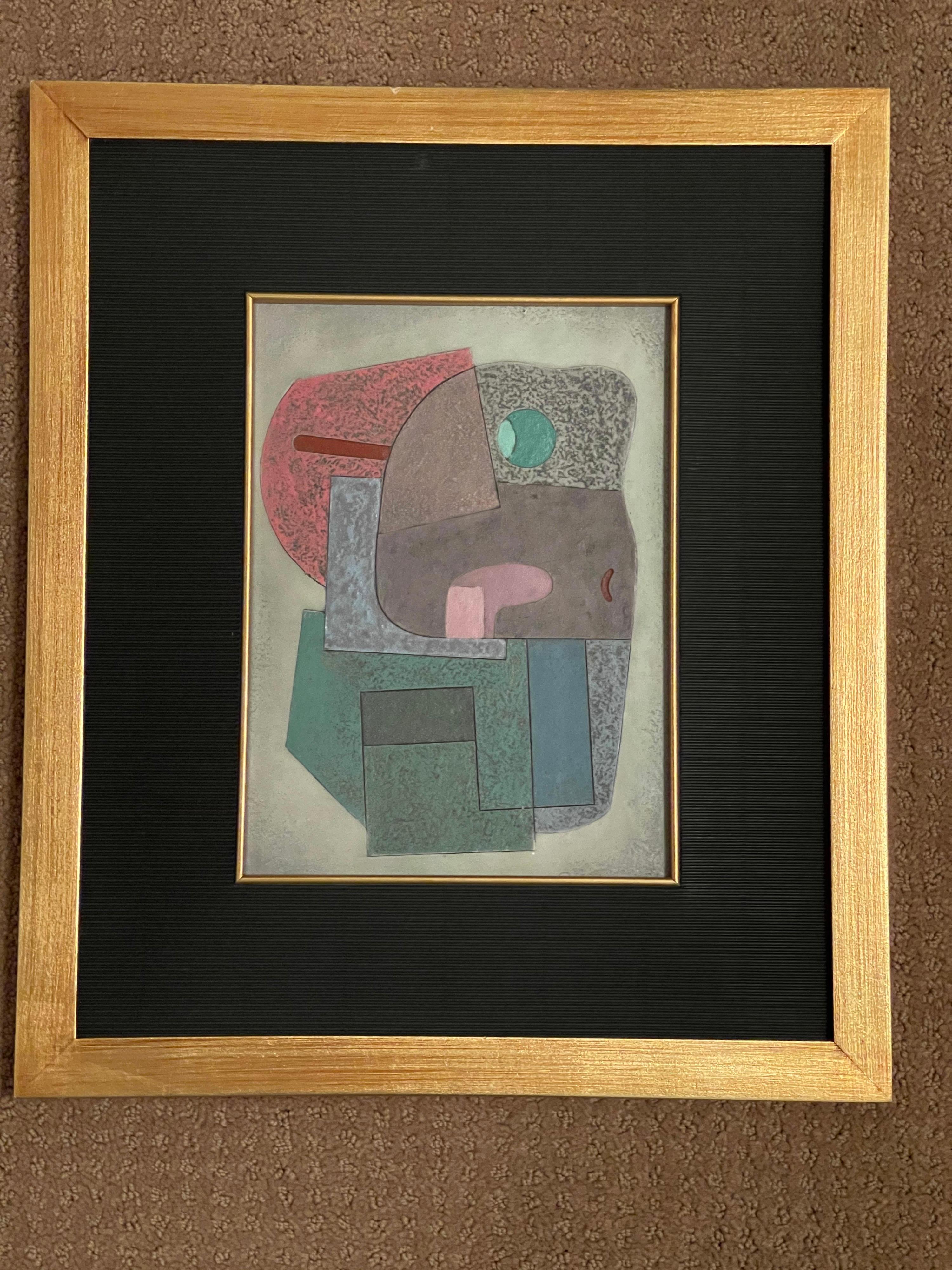 Post modern mixed media three dimensional abstract by listed Mexican artist Jose Luis Serrano, circa 1982. Framed and mounted on board measuring 15.75