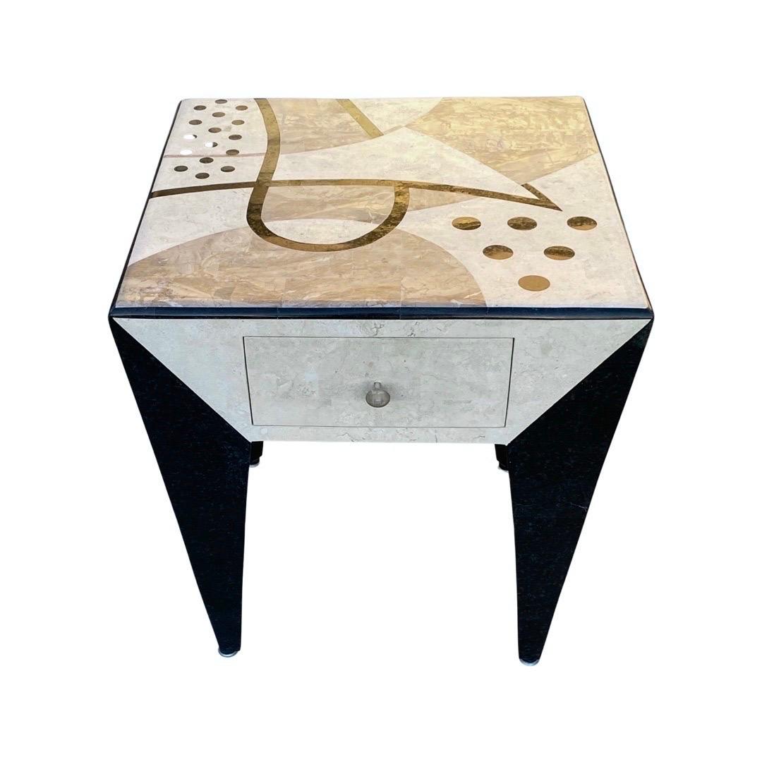 Post Modern Modern Art Top Tessellated Stone Side Table Black White & Taupe  For Sale 4