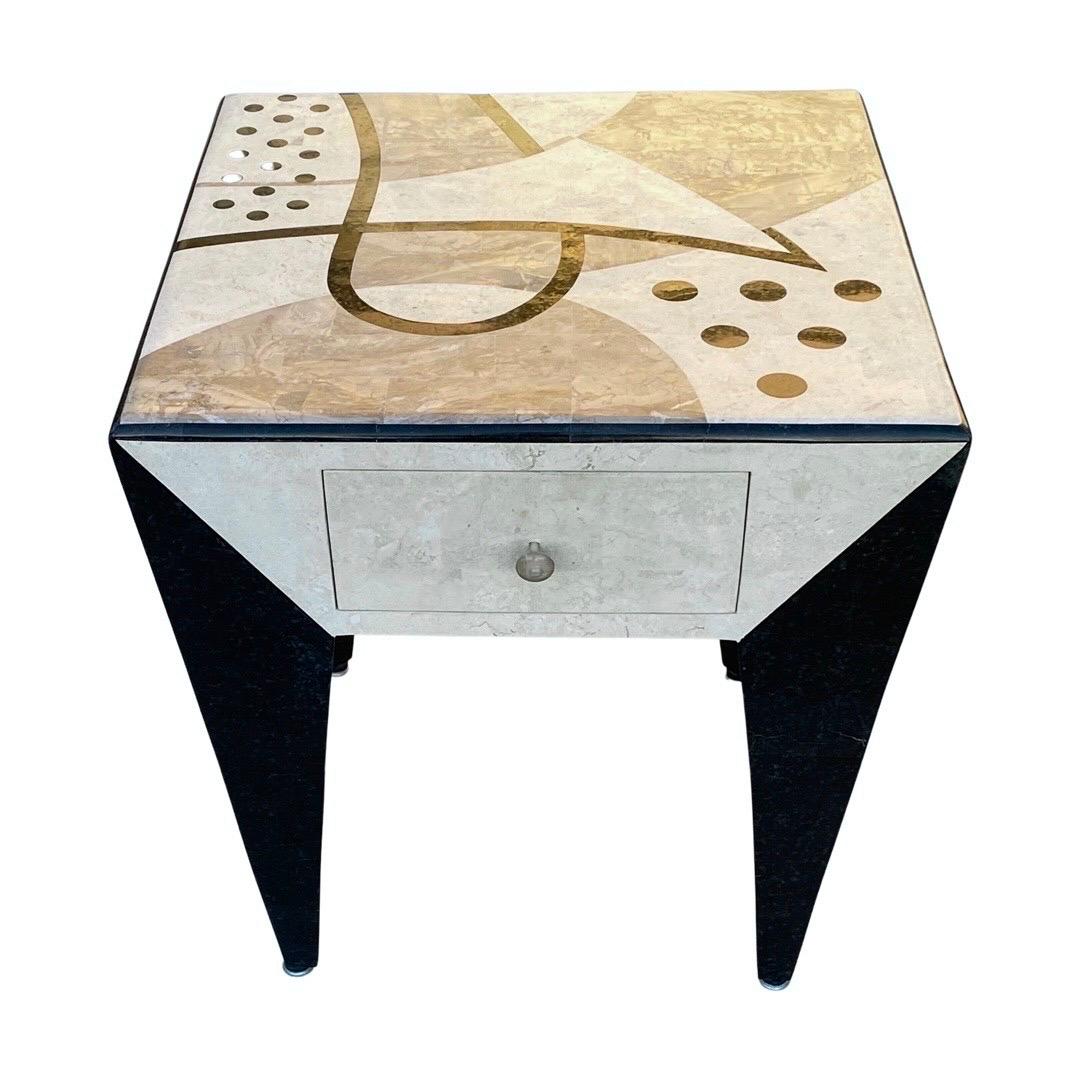 Post Modern Modern Art Top Tessellated Stone Side Table Black White & Taupe  For Sale