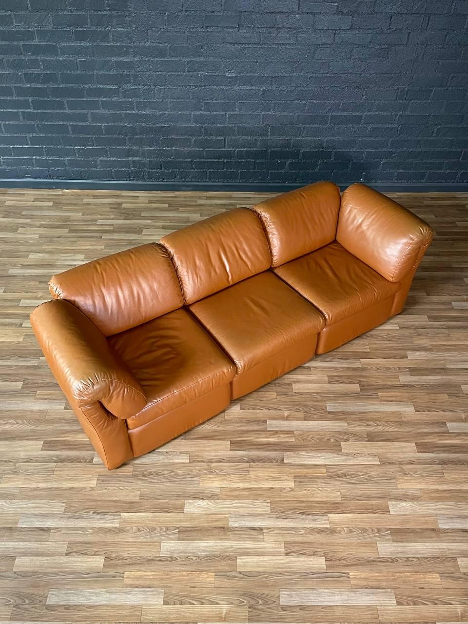 American Post Modern Modular Caramel Leather Sofa For Sale