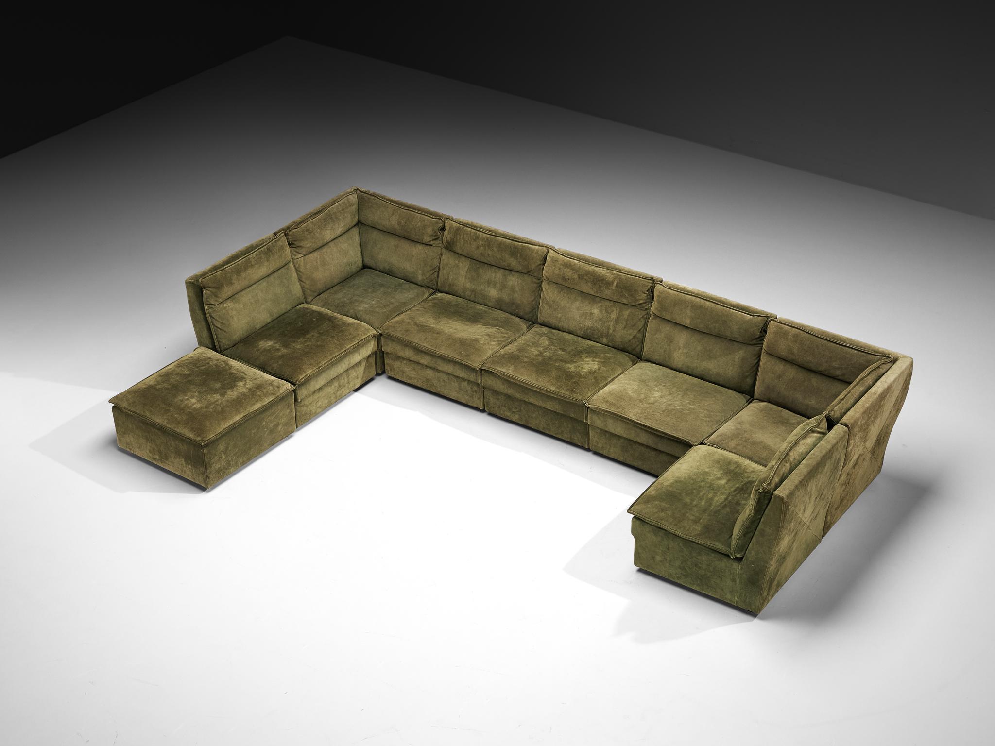 European Post-Modern Modular Sofa in Natural Green Suede For Sale