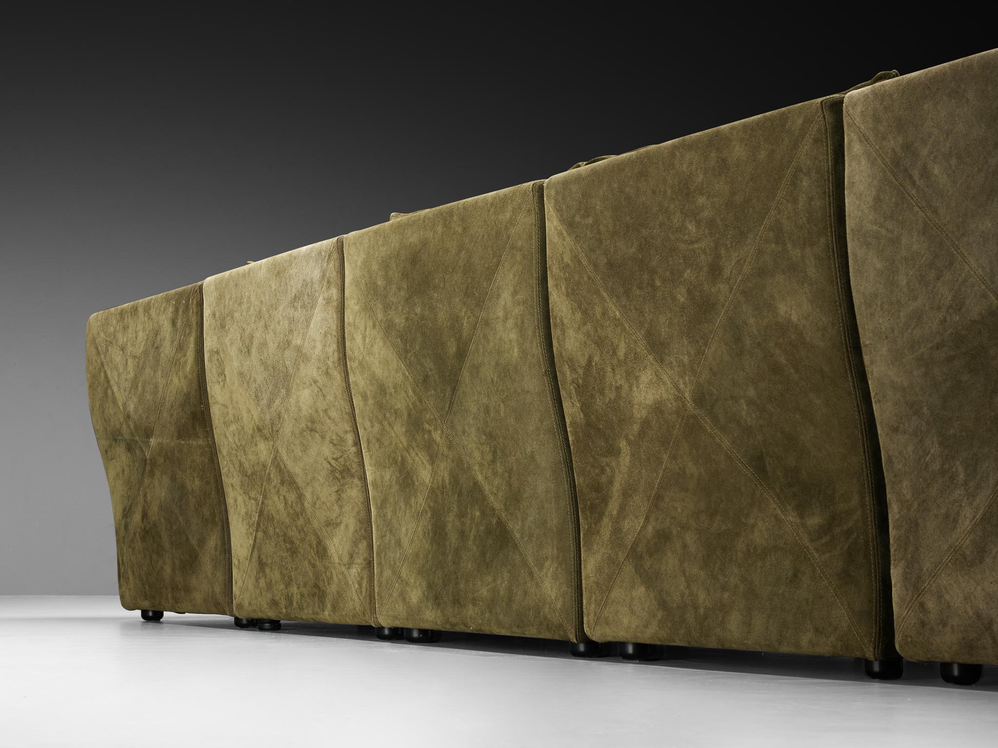 Post-Modern Modular Sofa in Natural Green Suede For Sale 2