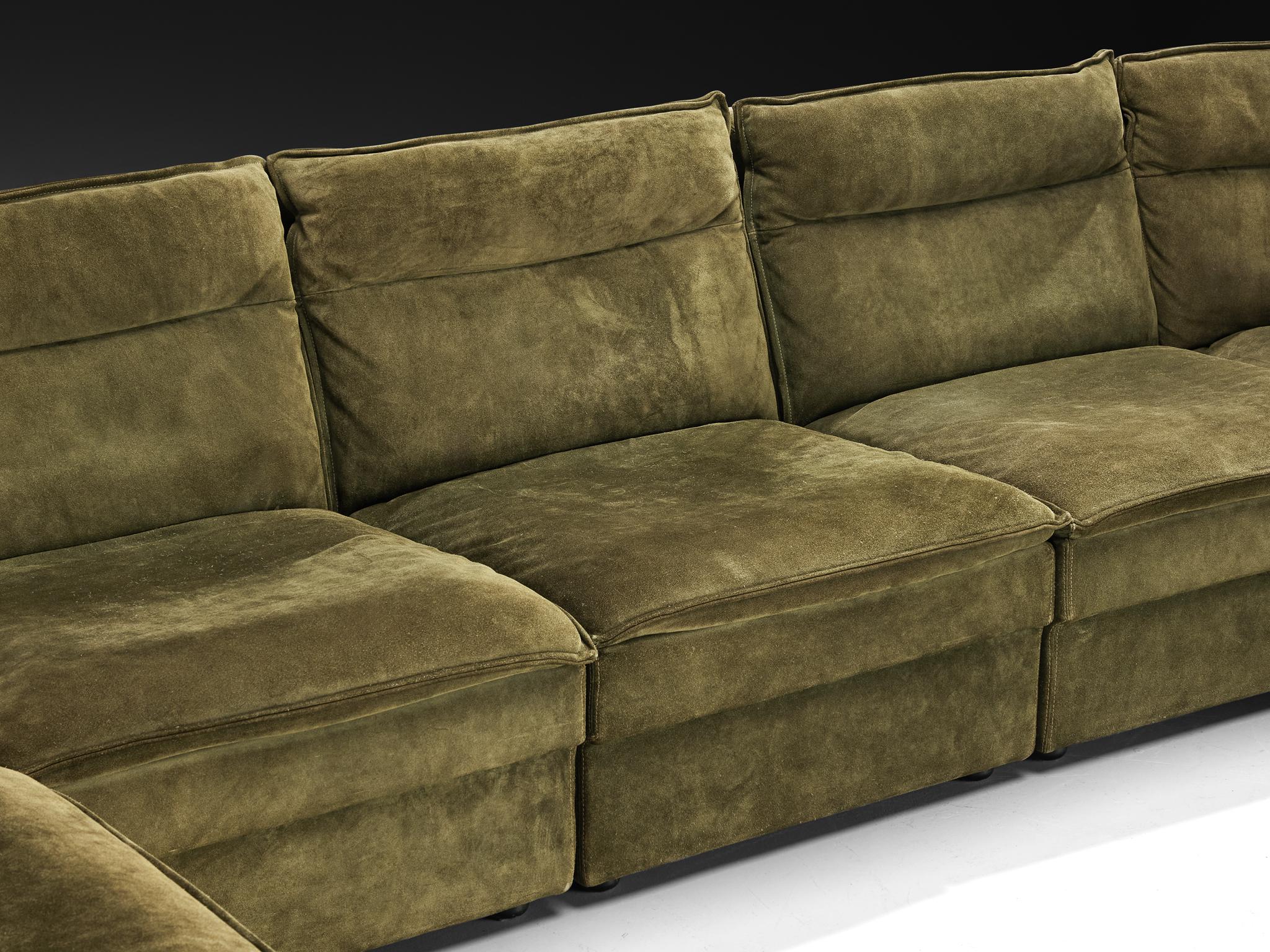 Post-Modern Modular Sofa in Natural Green Suede For Sale 3