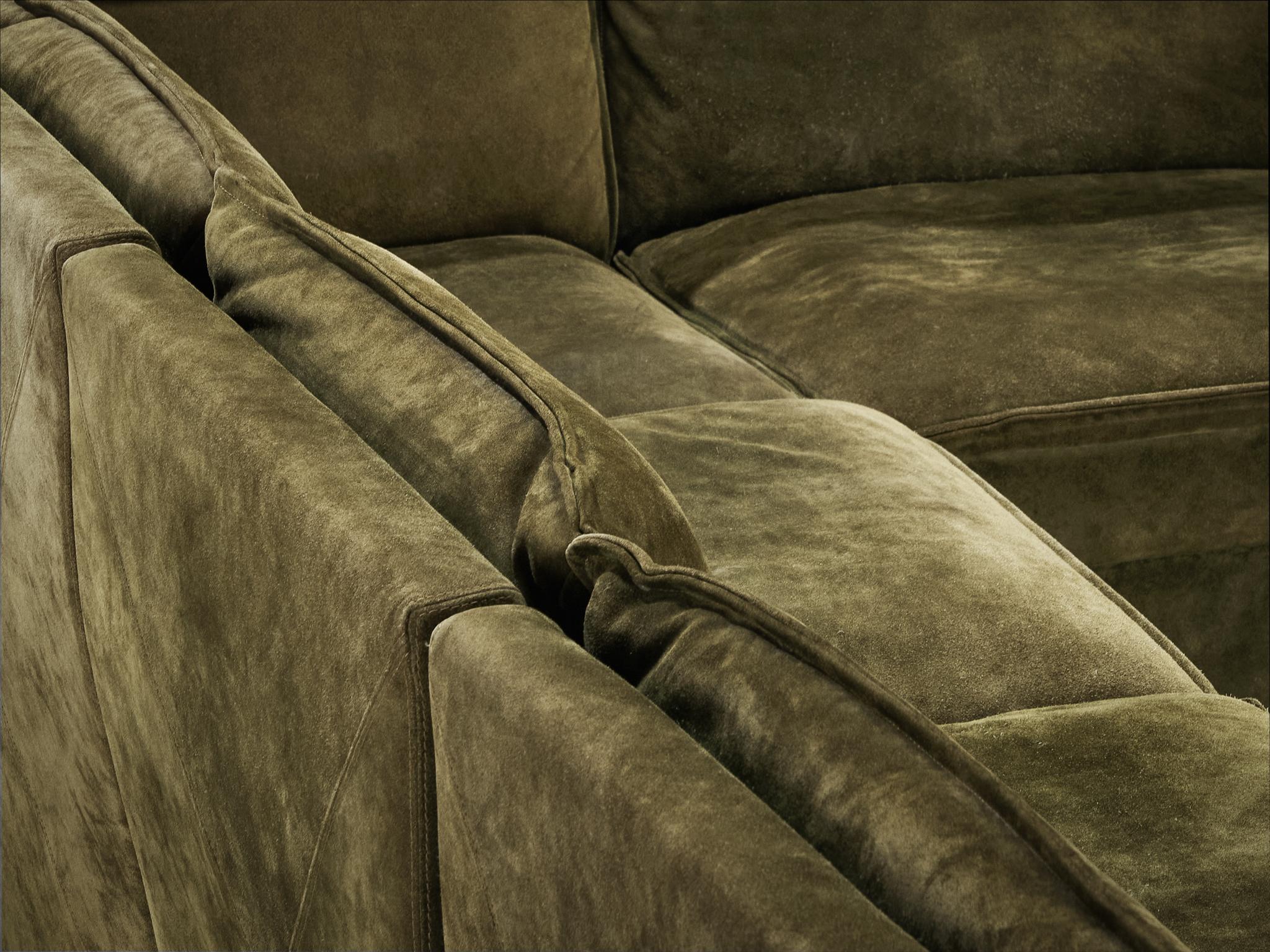 Post-Modern Modular Sofa in Natural Green Suede For Sale 4