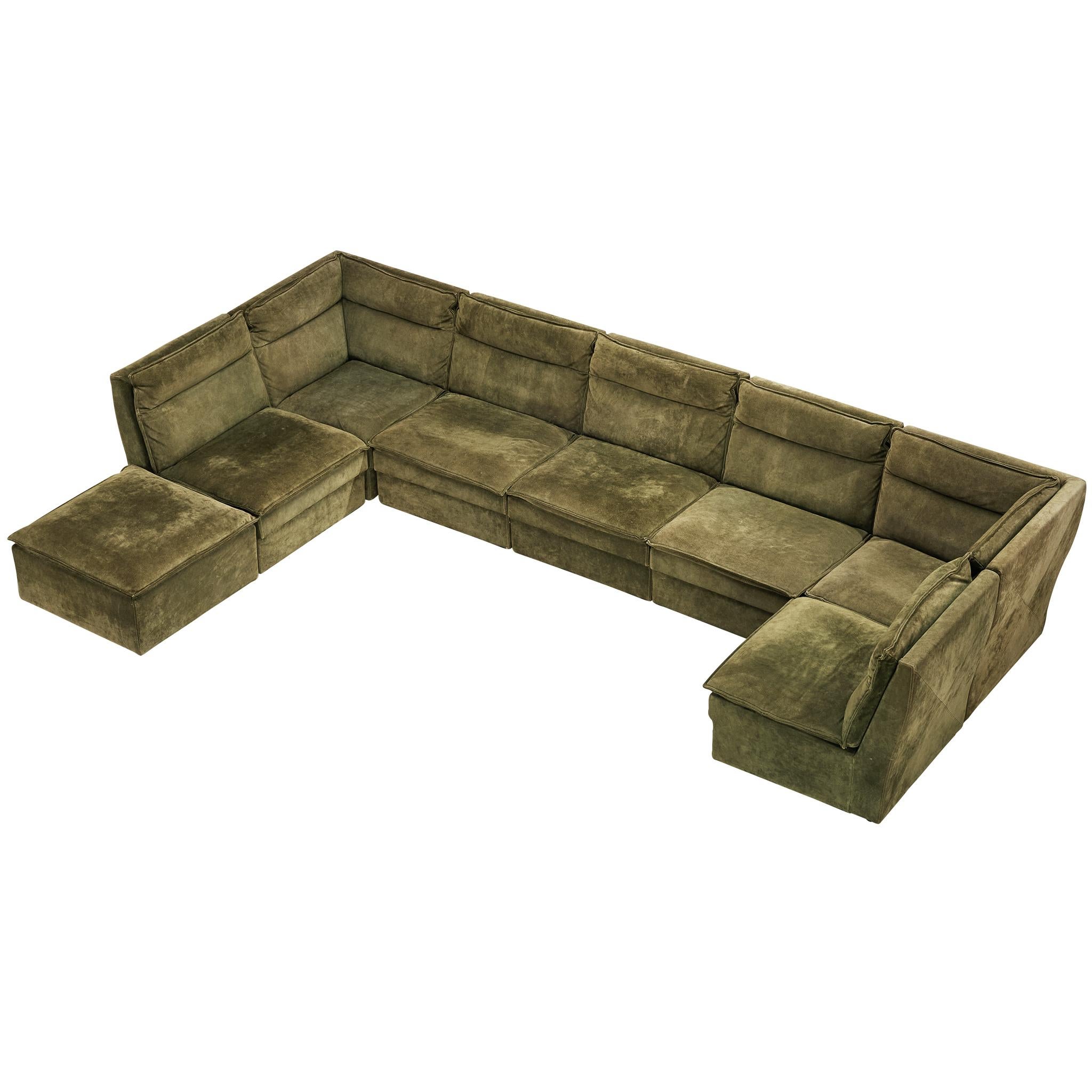 Post-Modern Modular Sofa in Natural Green Suede For Sale