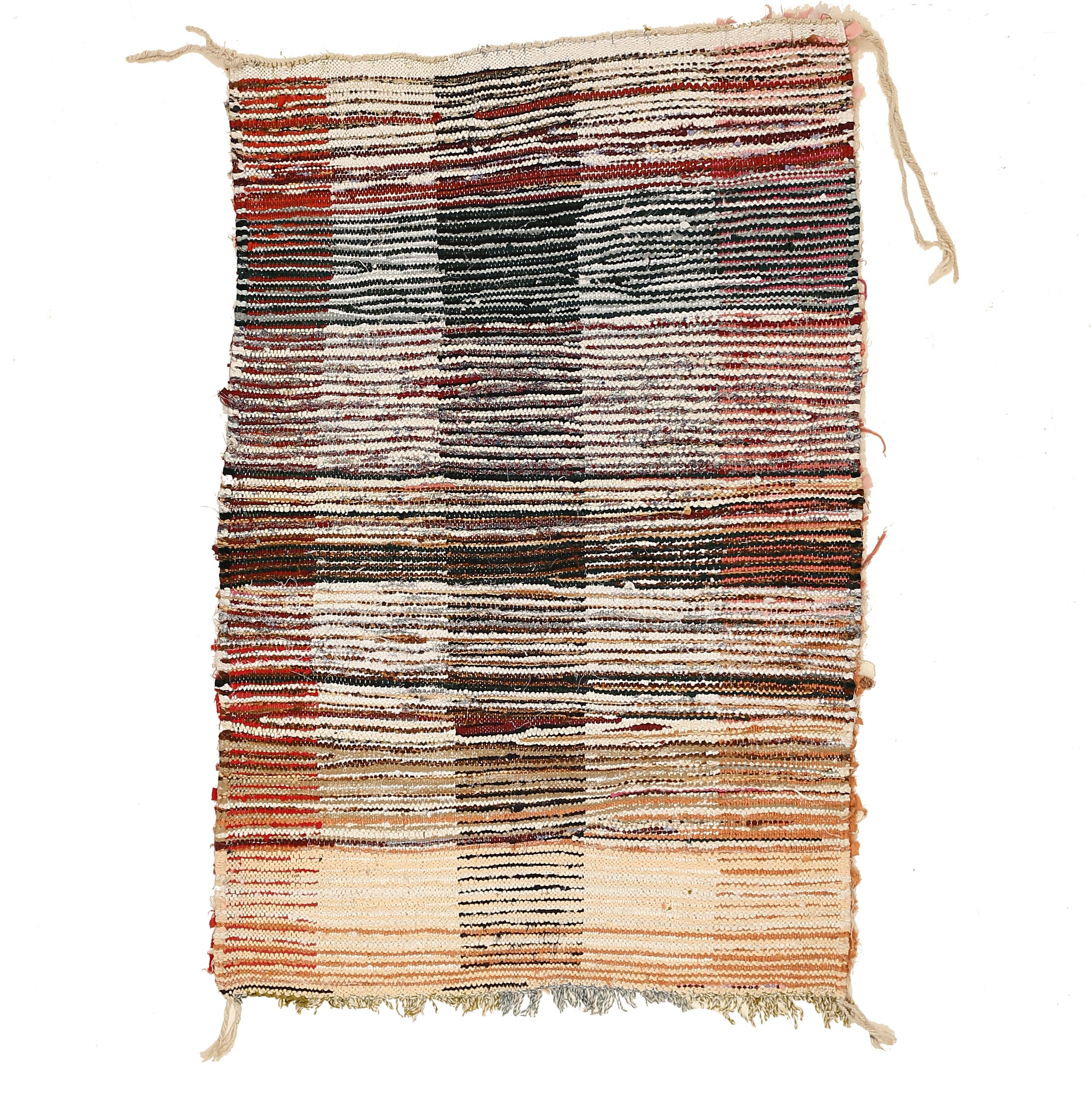 A very unusual Berber rug from the Boujad region, located on the foothills of the central High Atlas mountains of Morocco, distinguished by a Minimalist composition of vertical stripes in contrasting shades of ivory, red and blue. Hand knotted by