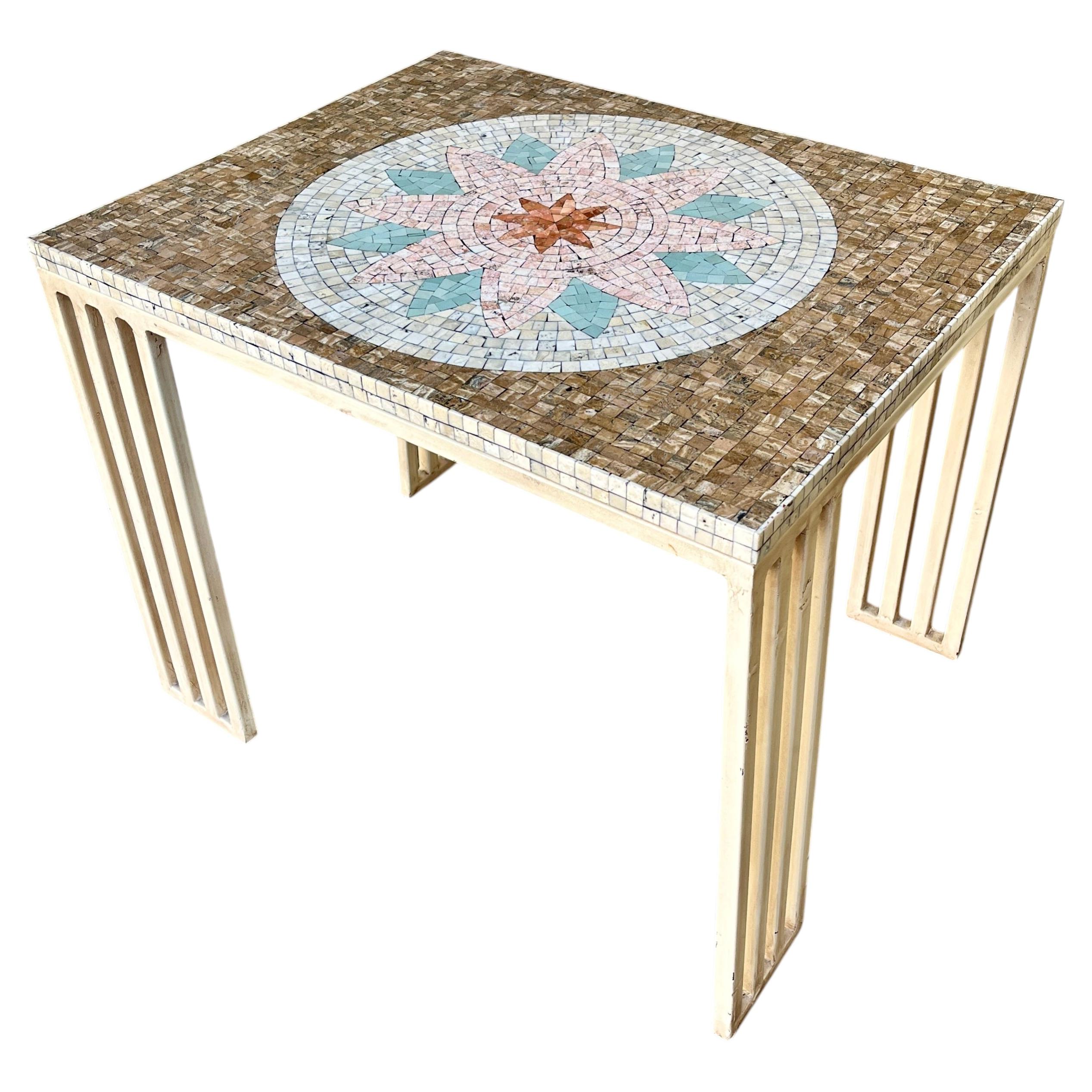 Postmodern Mosaic Top Side Table with Patinated Iron Base. Circa 1980s For Sale
