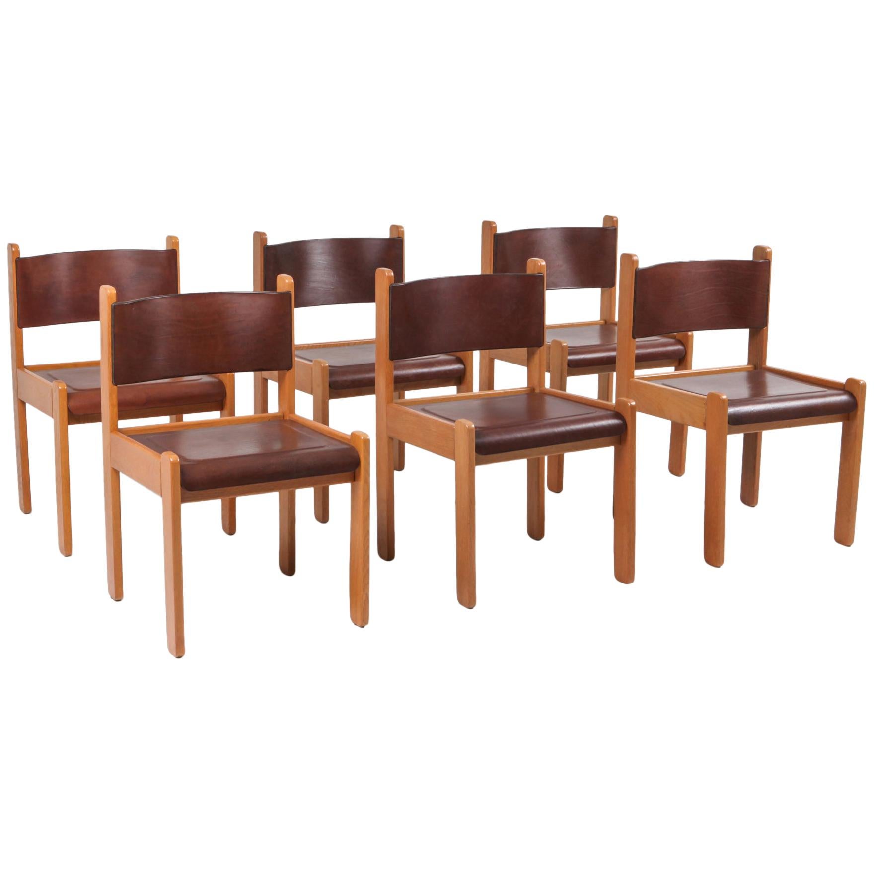 European Postmodern Oak and Leather Dining Chairs