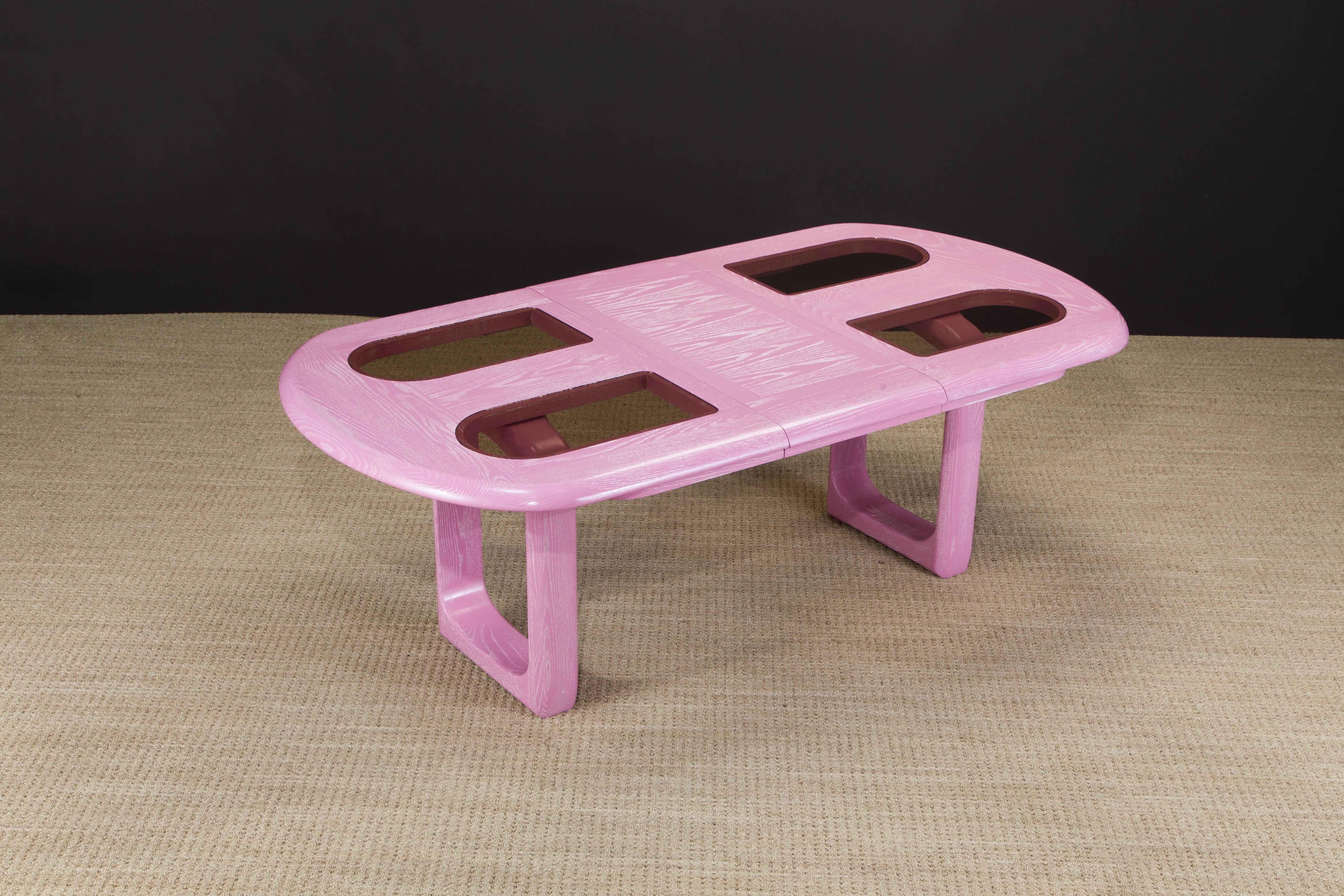 Post-Modern Oak, Velvet and Glass Dining Set Restored in Cerused Pink, 1980s 6