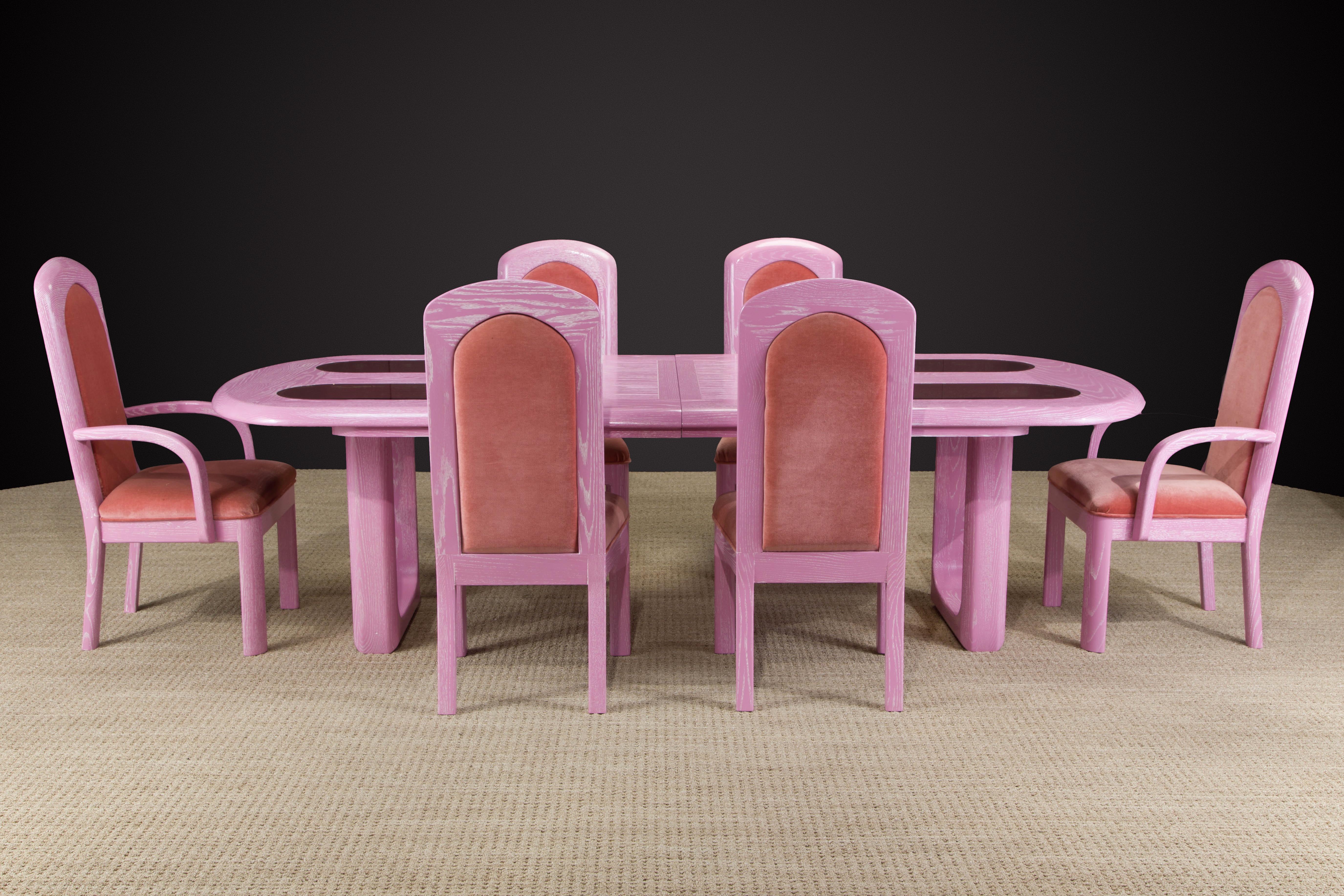 For the designer looking for something unusual and a little bit on the wild side, this gorgeous Post-Modern 1980s pink cerused oak dining set which includes an extendable dining table with two leaves and six dining chairs with its original velvet.