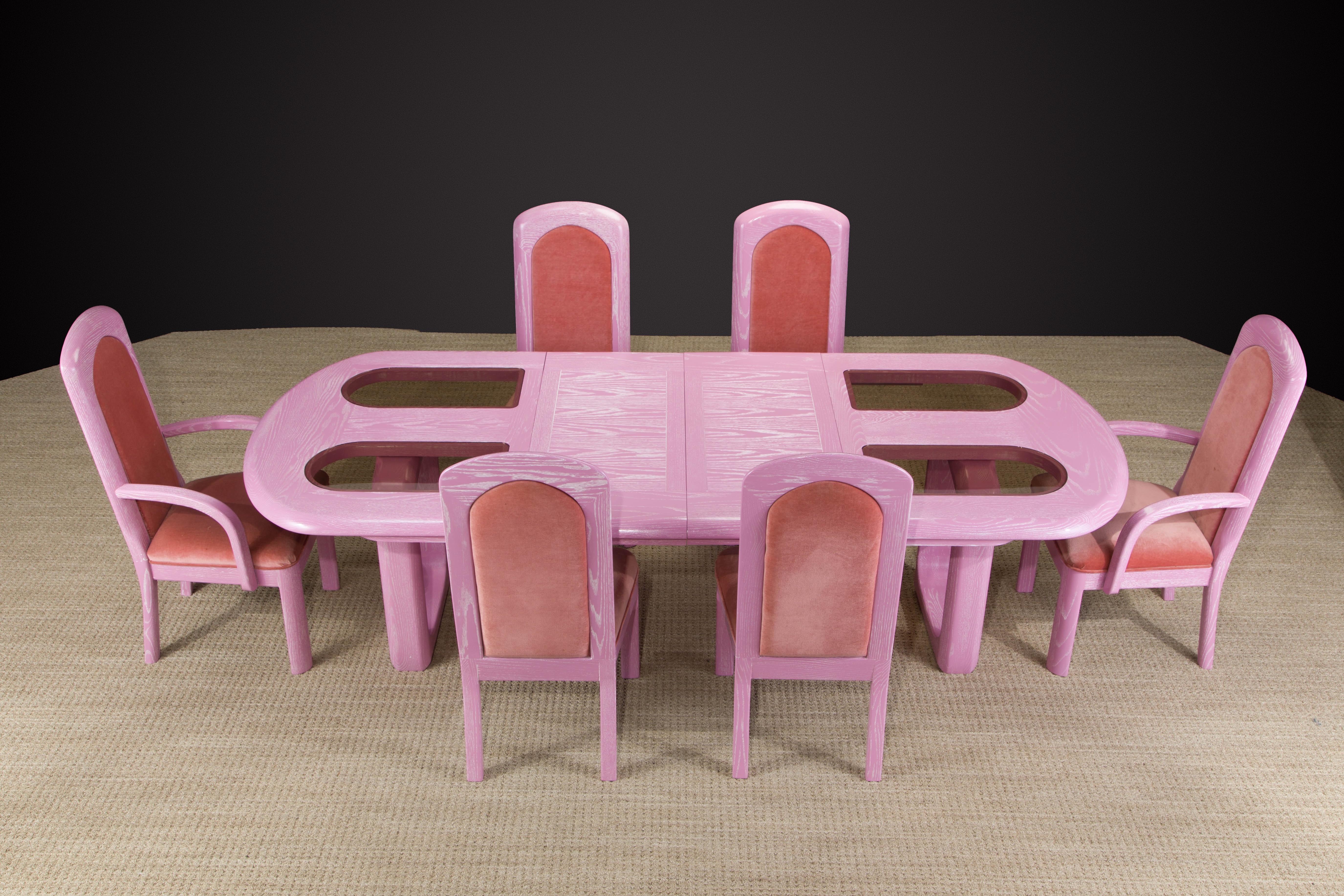 American Post-Modern Oak, Velvet and Glass Dining Set Restored in Cerused Pink, 1980s