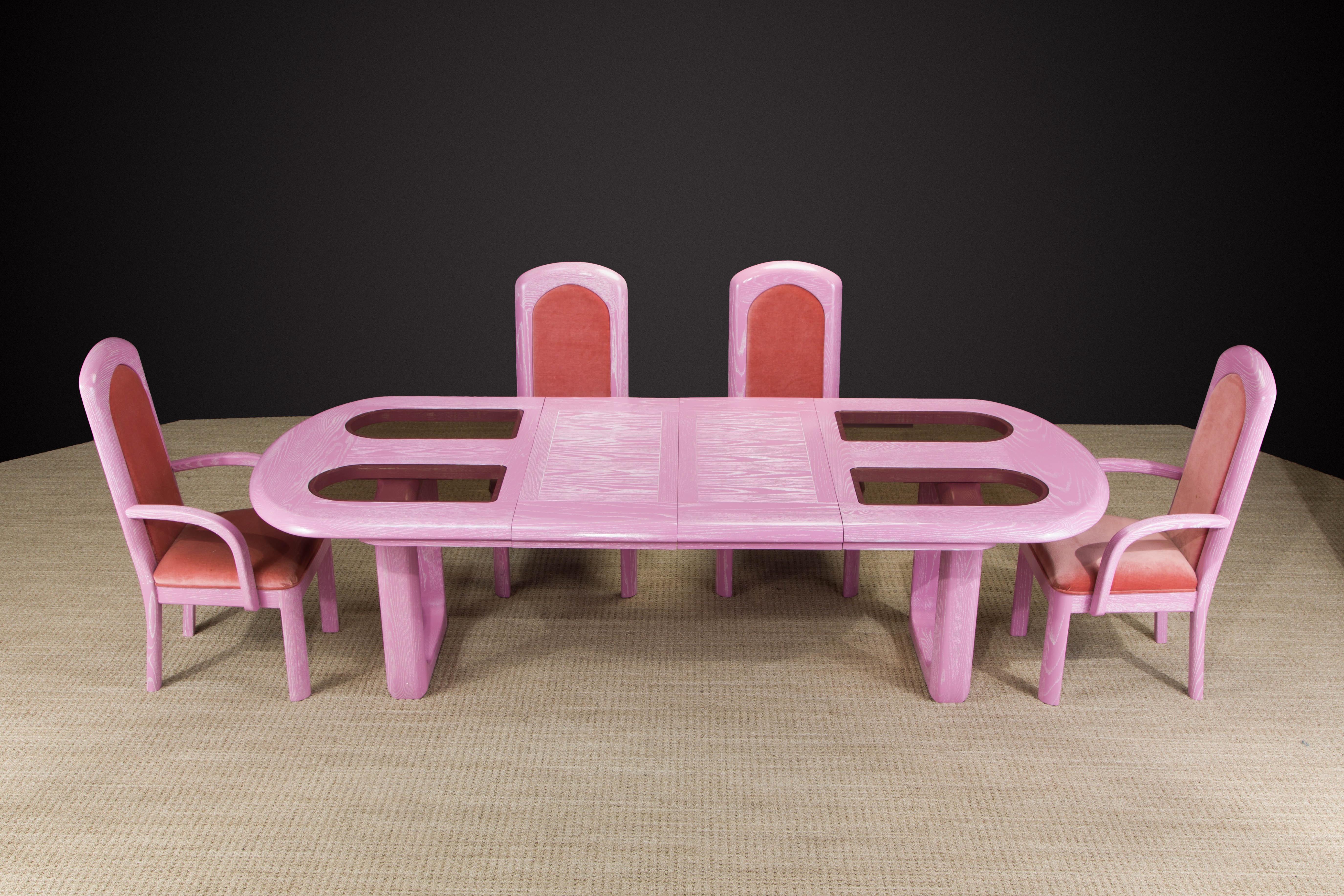 Post-Modern Oak, Velvet and Glass Dining Set Restored in Cerused Pink, 1980s In Good Condition In Los Angeles, CA