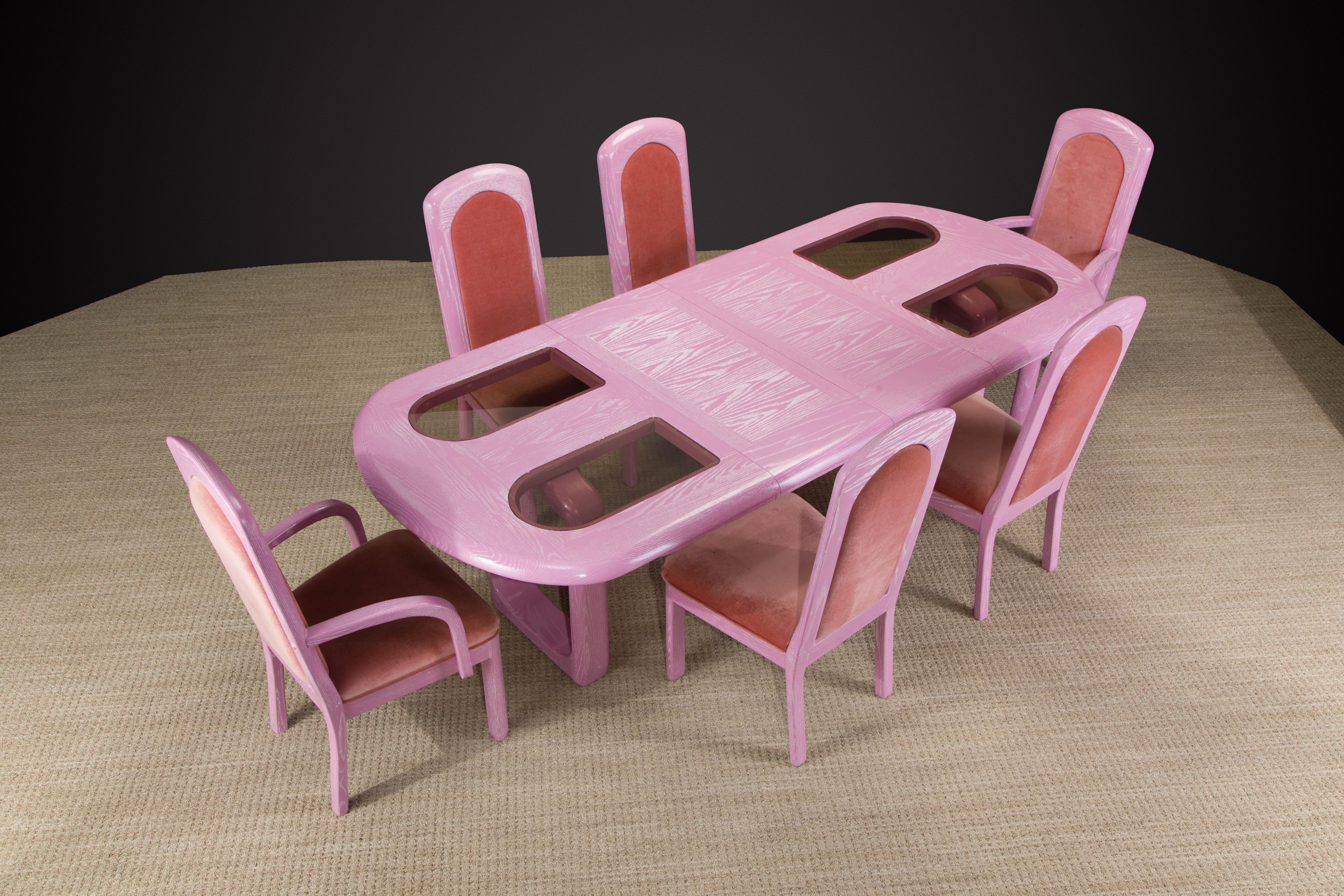 Late 20th Century Post-Modern Oak, Velvet and Glass Dining Set Restored in Cerused Pink, 1980s