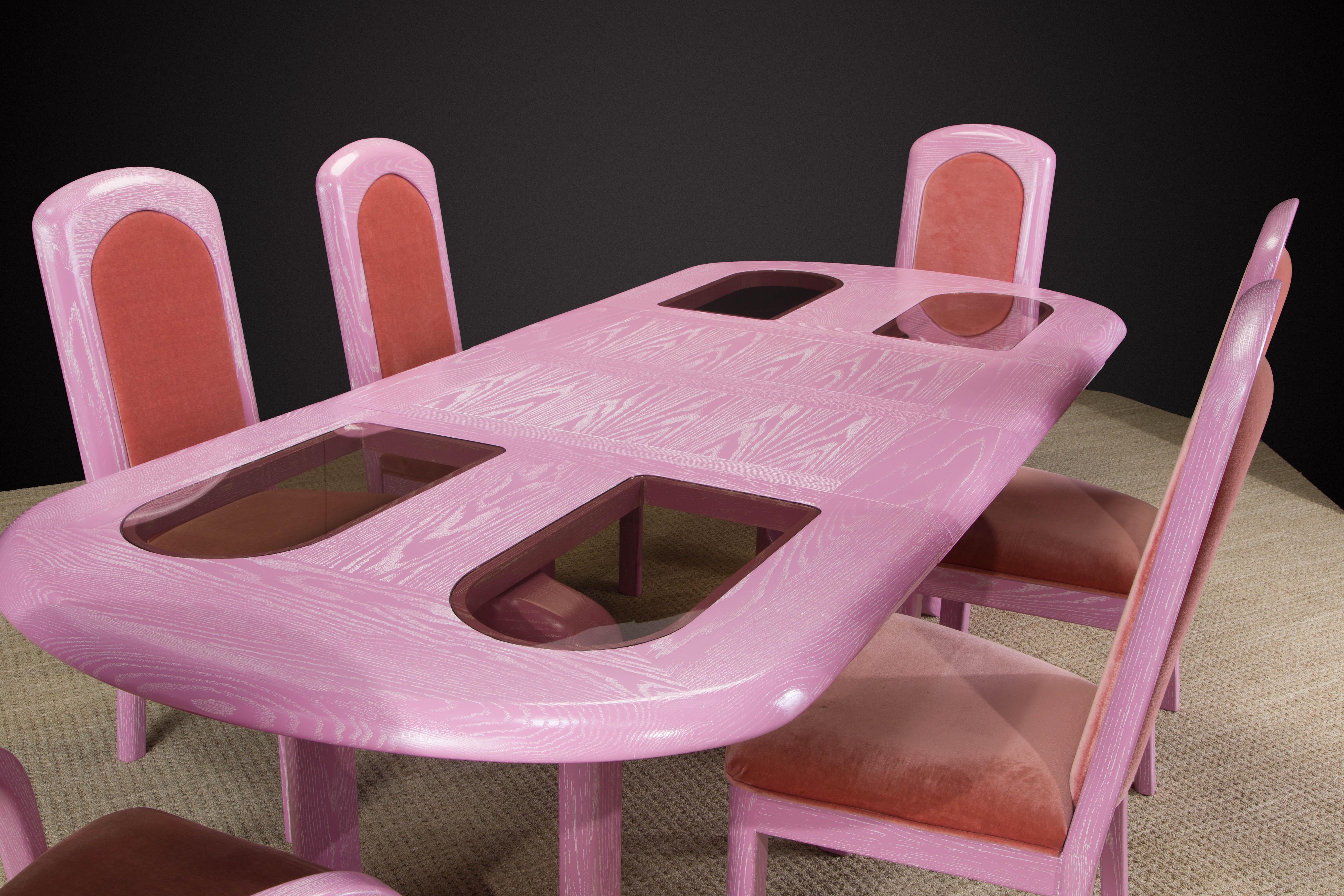 Post-Modern Oak, Velvet and Glass Dining Set Restored in Cerused Pink, 1980s 1