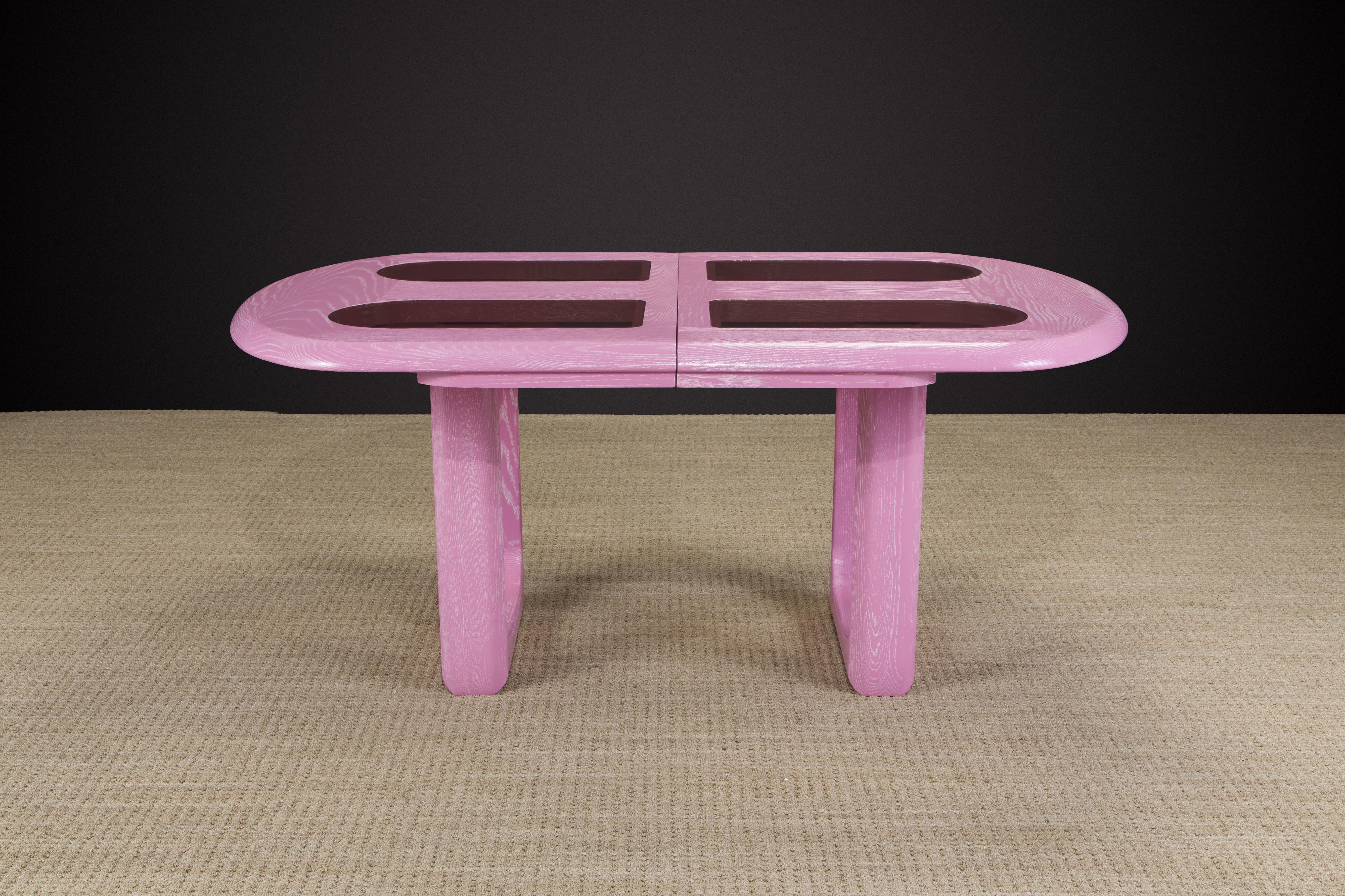 Post-Modern Oak, Velvet and Glass Dining Set Restored in Cerused Pink, 1980s 3