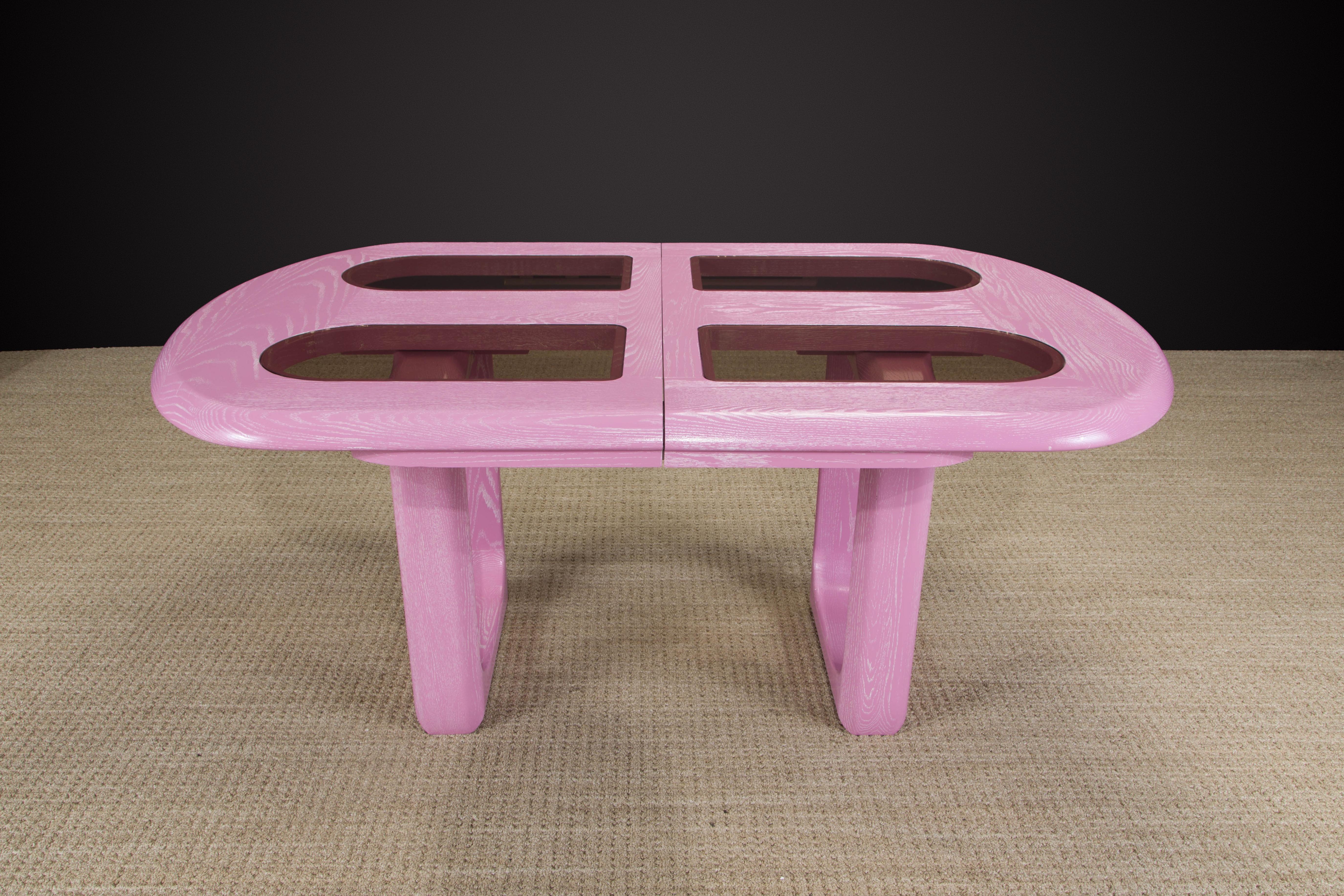 Post-Modern Oak, Velvet and Glass Dining Set Restored in Cerused Pink, 1980s 4