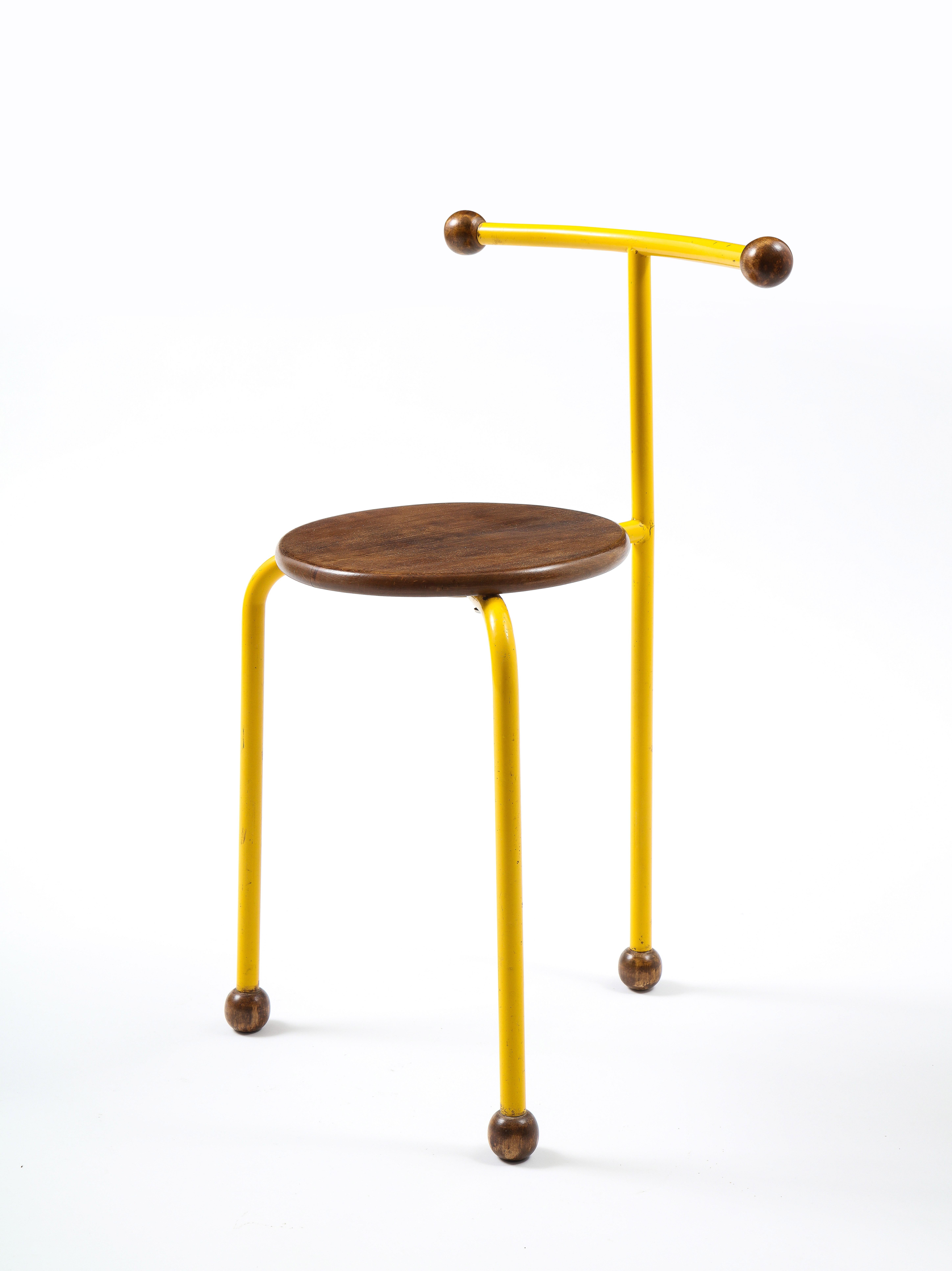 Post Modern Oak & Yellow Steel Small Sculptural Chair, France 1980's For Sale 4
