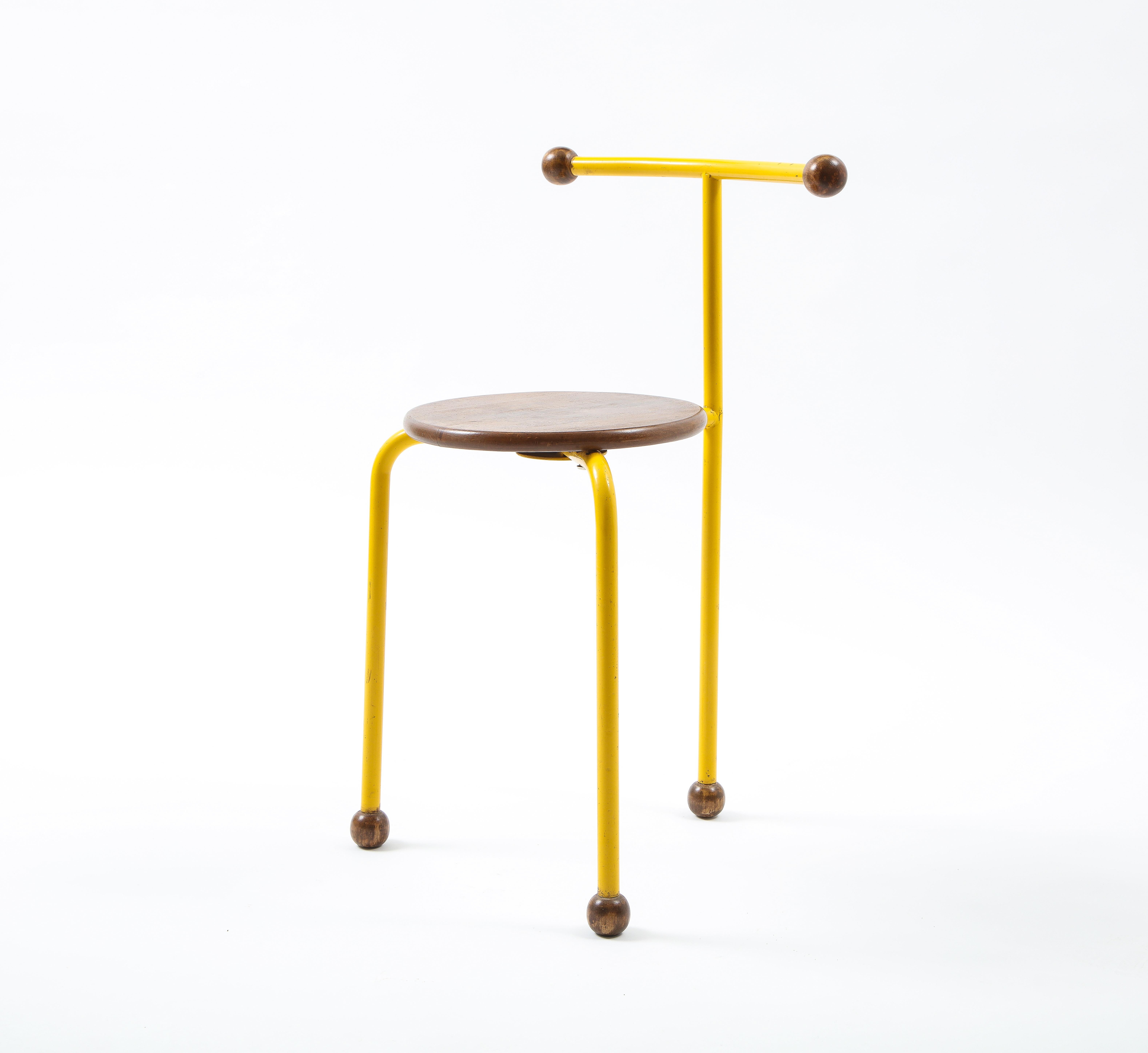 Post Modern Oak & Yellow Steel Small Sculptural Chair, France 1980's For Sale 5