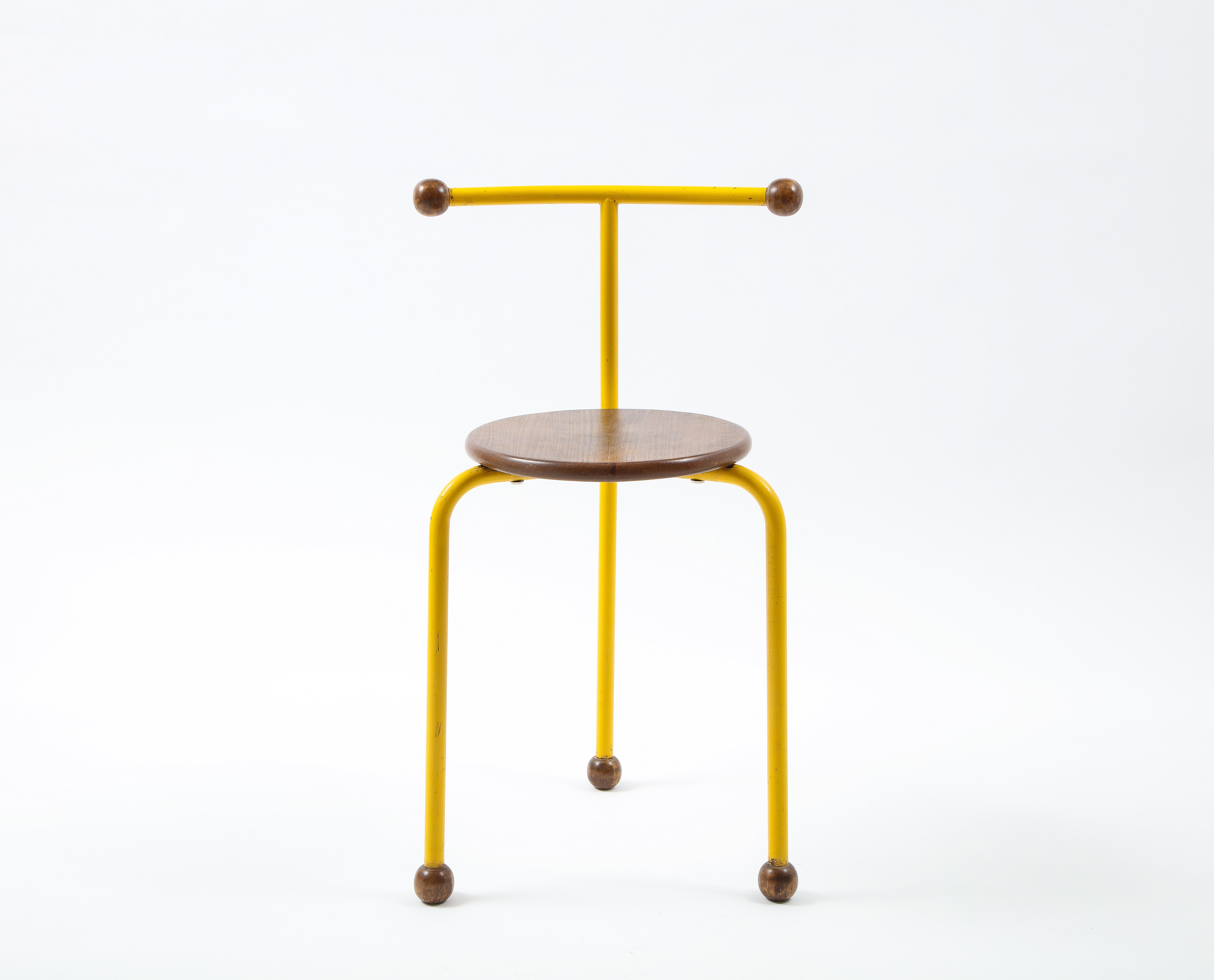 Post Modern Oak & Yellow Steel Small Sculptural Chair, France 1980's For Sale 6