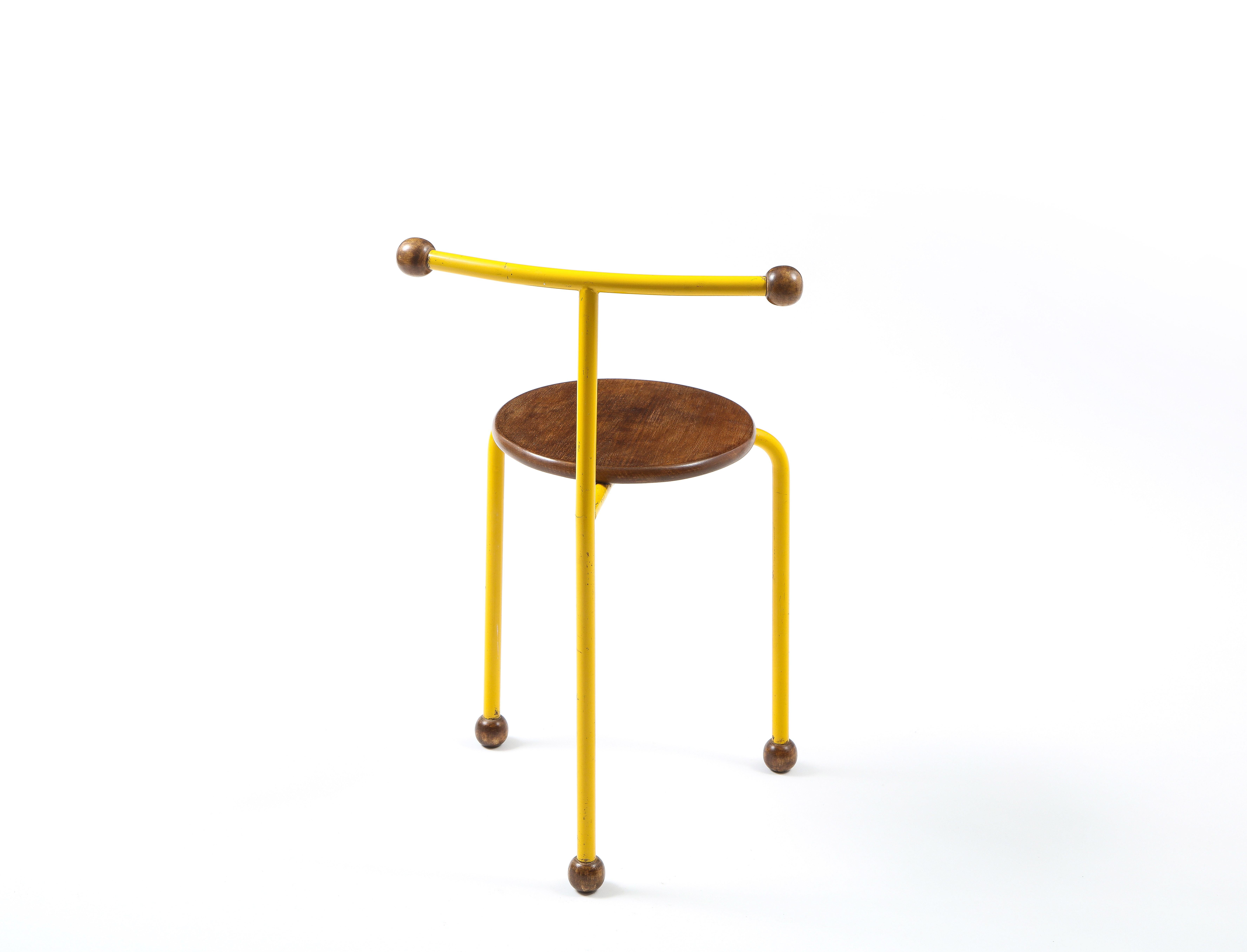 20th Century Post Modern Oak & Yellow Steel Small Sculptural Chair, France 1980's For Sale