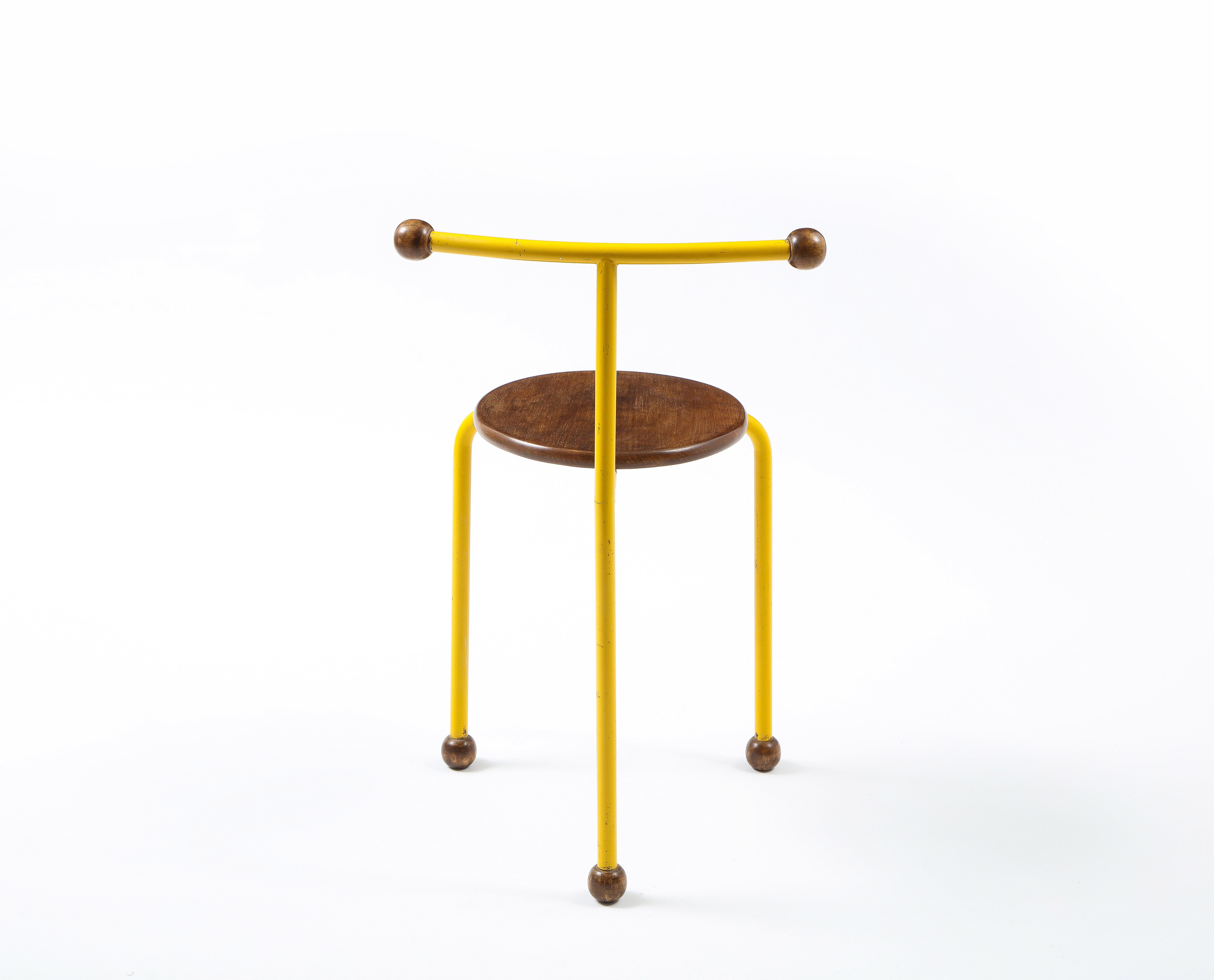 20th Century Post Modern Oak & Yellow Steel Small Sculptural Chair, France 1980's For Sale