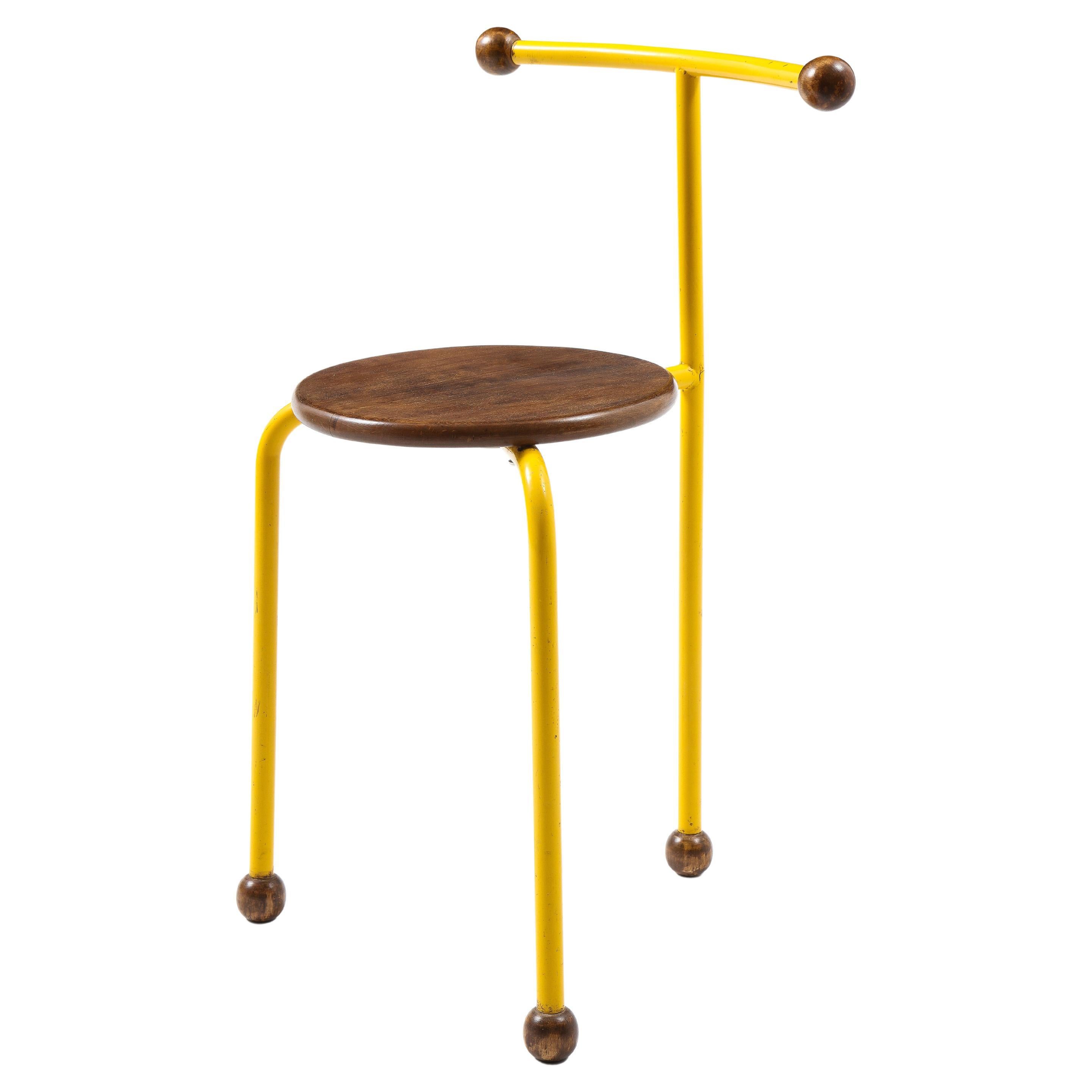 Post Modern Oak & Yellow Steel Small Sculptural Chair, France 1980's