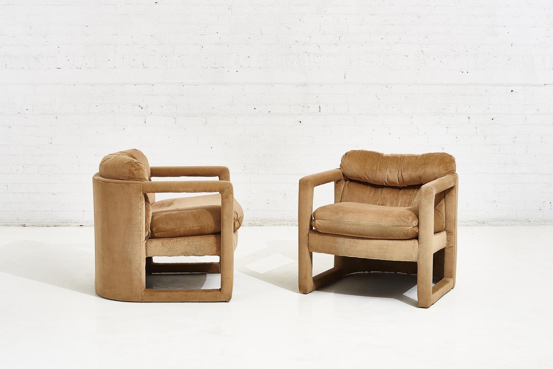 Fabric Post Modern Open Arm Barrel Chairs, 1970