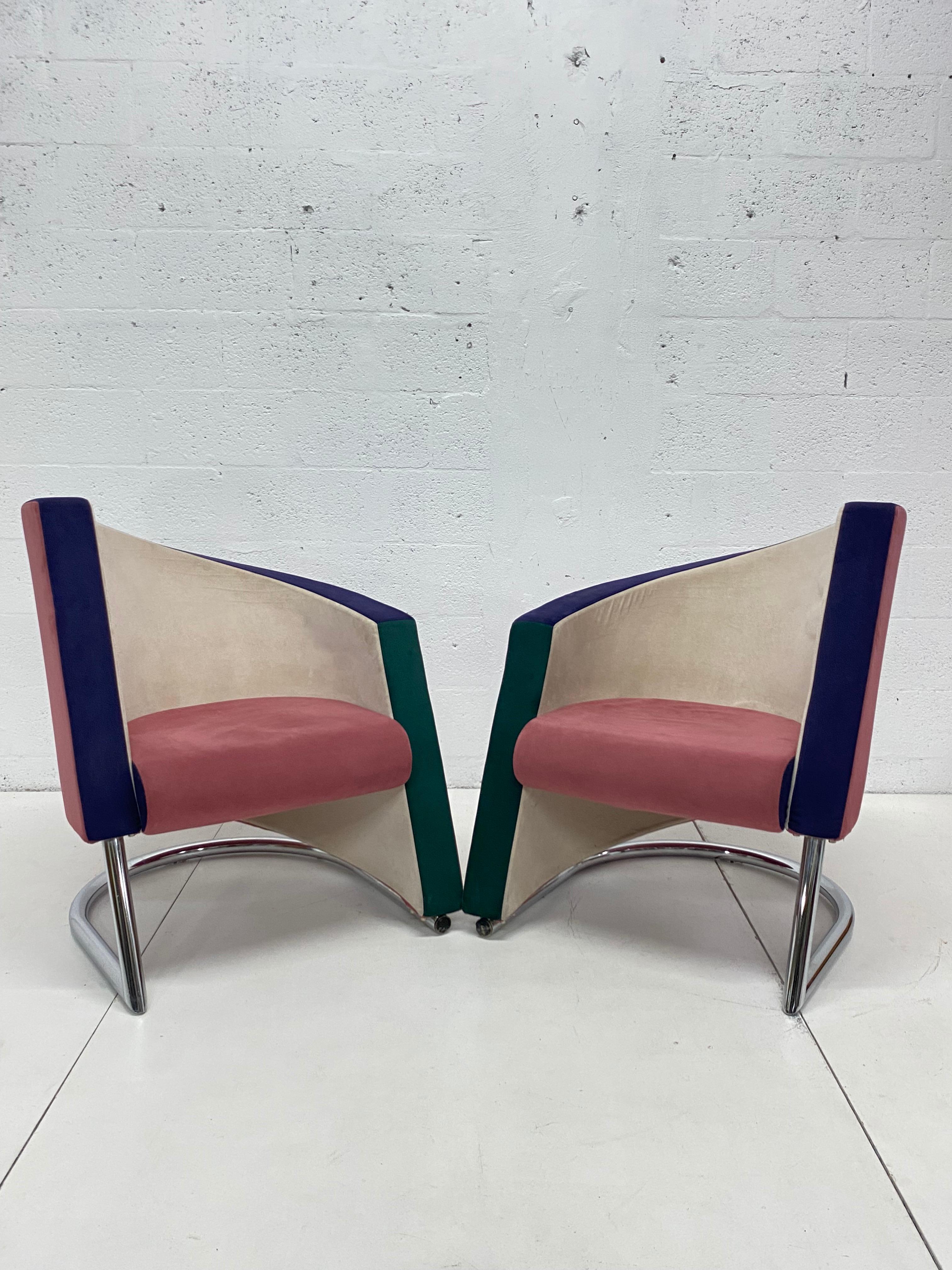 Formica Post Modern Opposing Club Chairs with Tubular Chrome Bases by Westnofa, a Pair