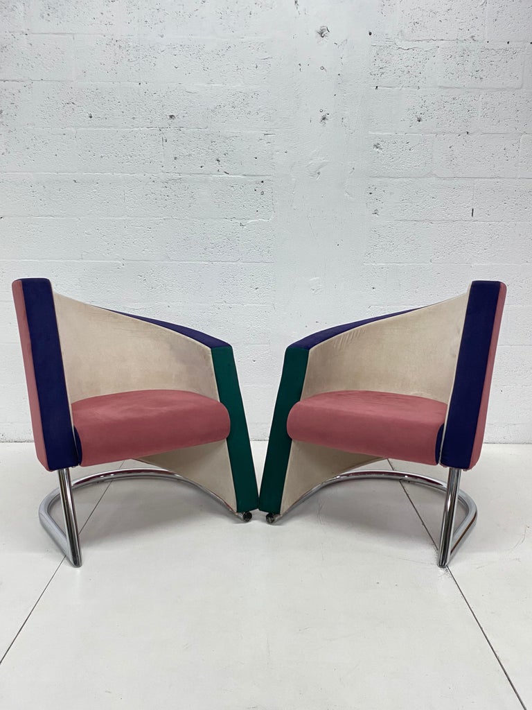 Post Modern Opposing Club Chairs with Tubular Chrome Bases by Westnofa ...