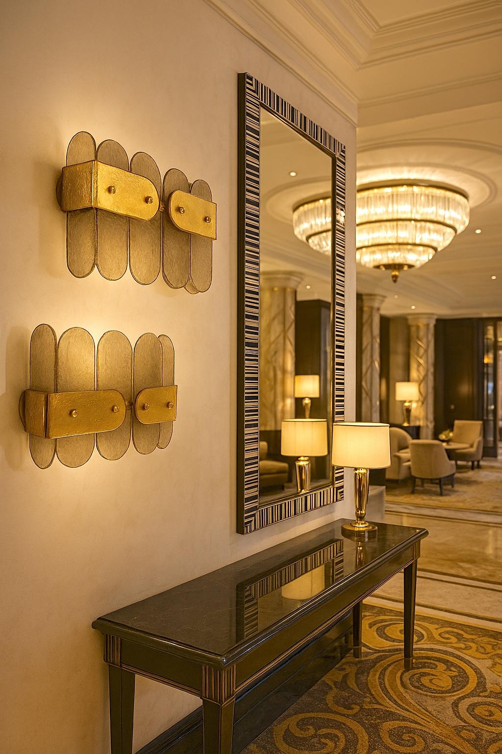 Hand-Crafted Post Modern Organic Italian Pair Geometric Beige Murano Glass Gold Leaf Sconces For Sale