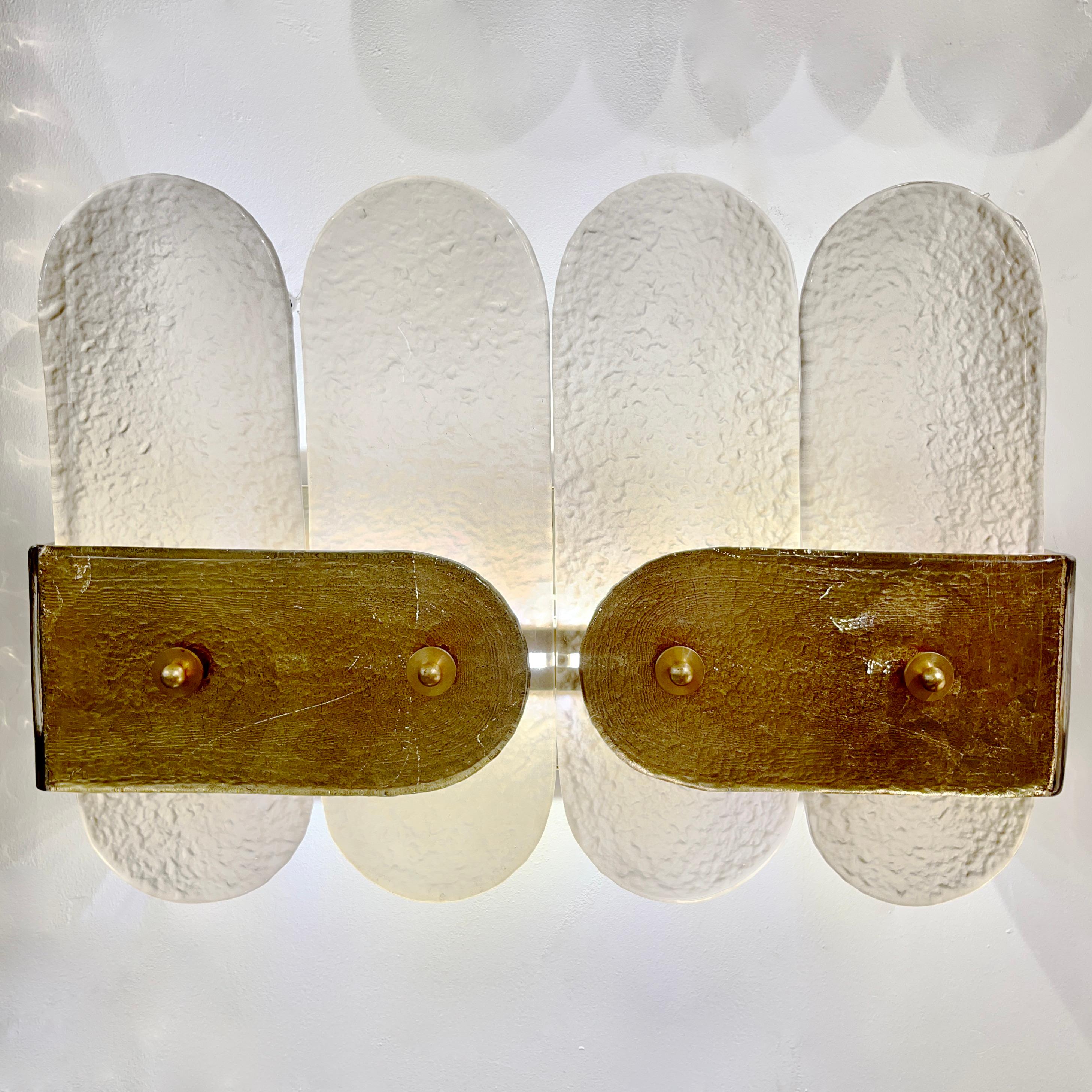 Brass Post Modern Organic Italian Pair Geometric Beige Murano Glass Gold Leaf Sconces For Sale