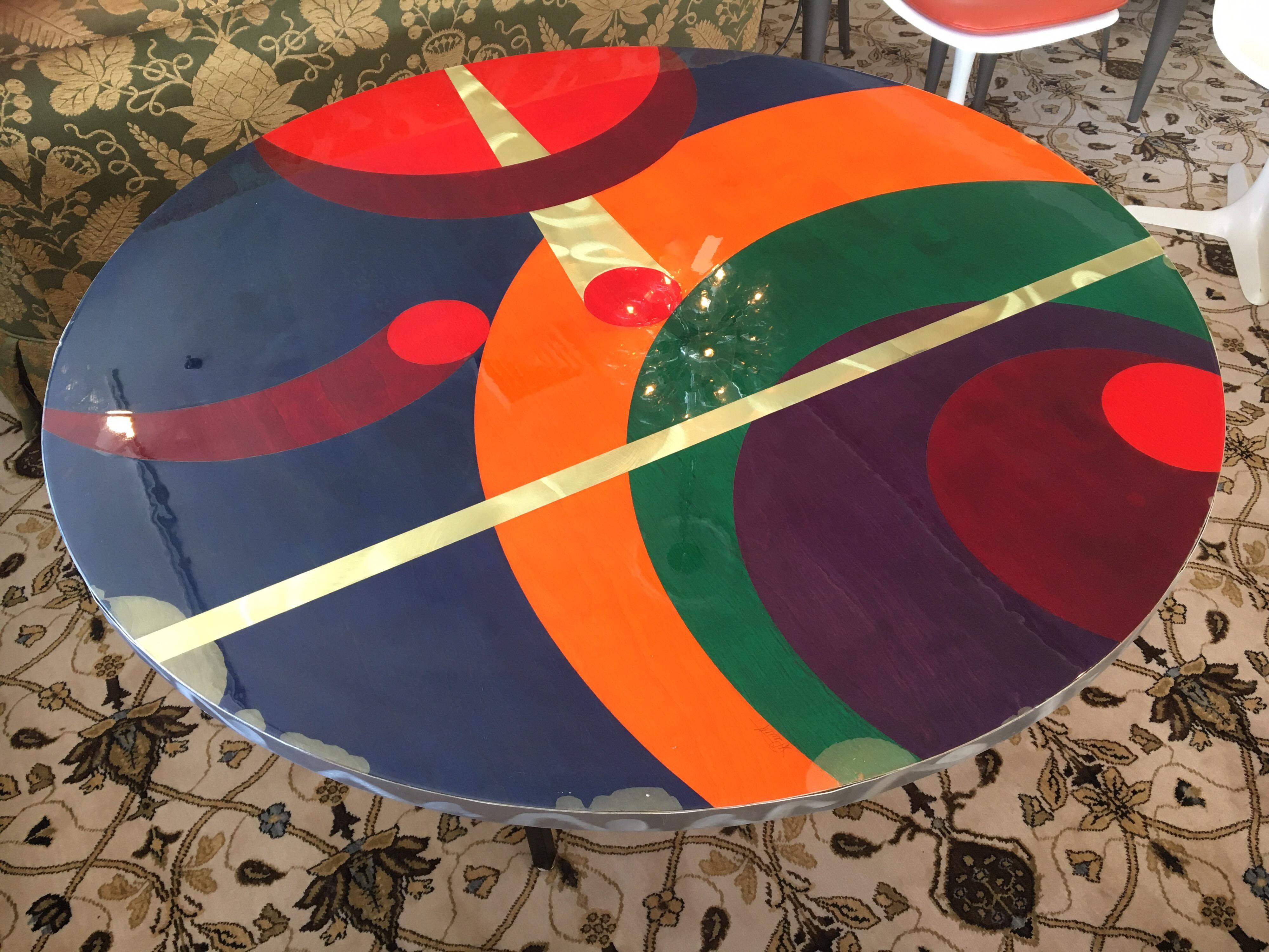 Post Modern Original Artist Signed Colorful Round Dining Foyer Table 1