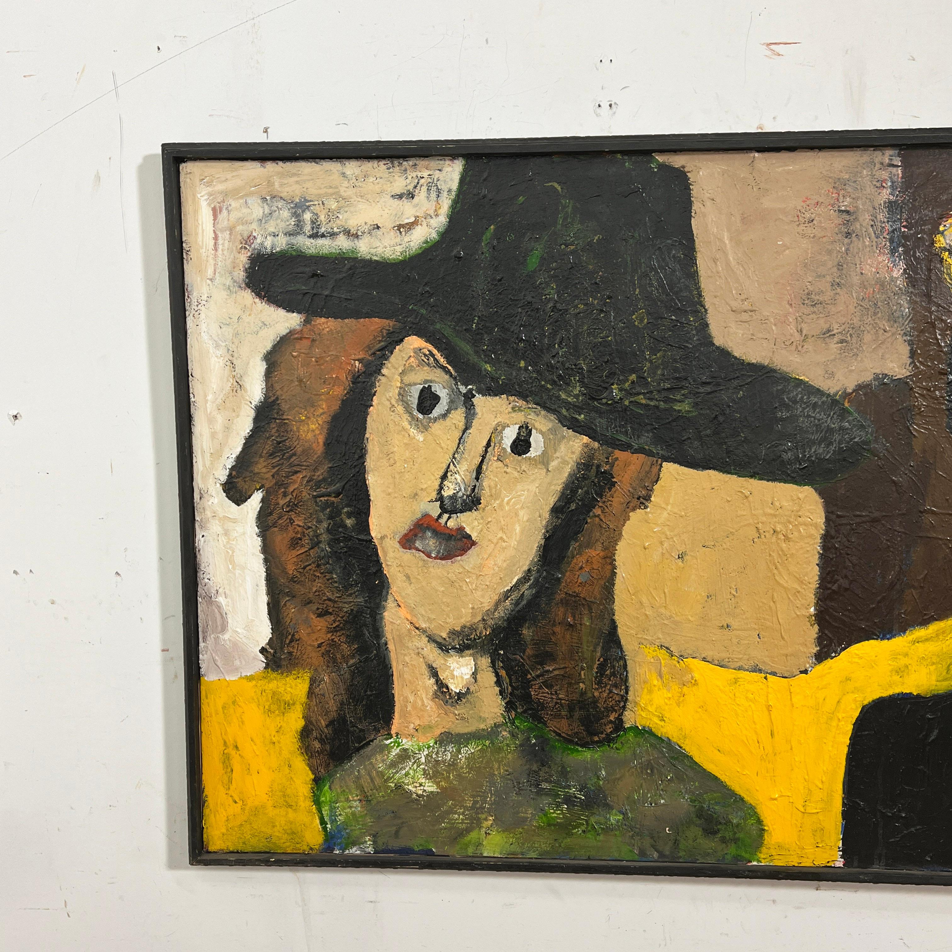 Mid-Century Modern Post Modern Painting of Two Ladies in Hats Signed Porter, d. 1981