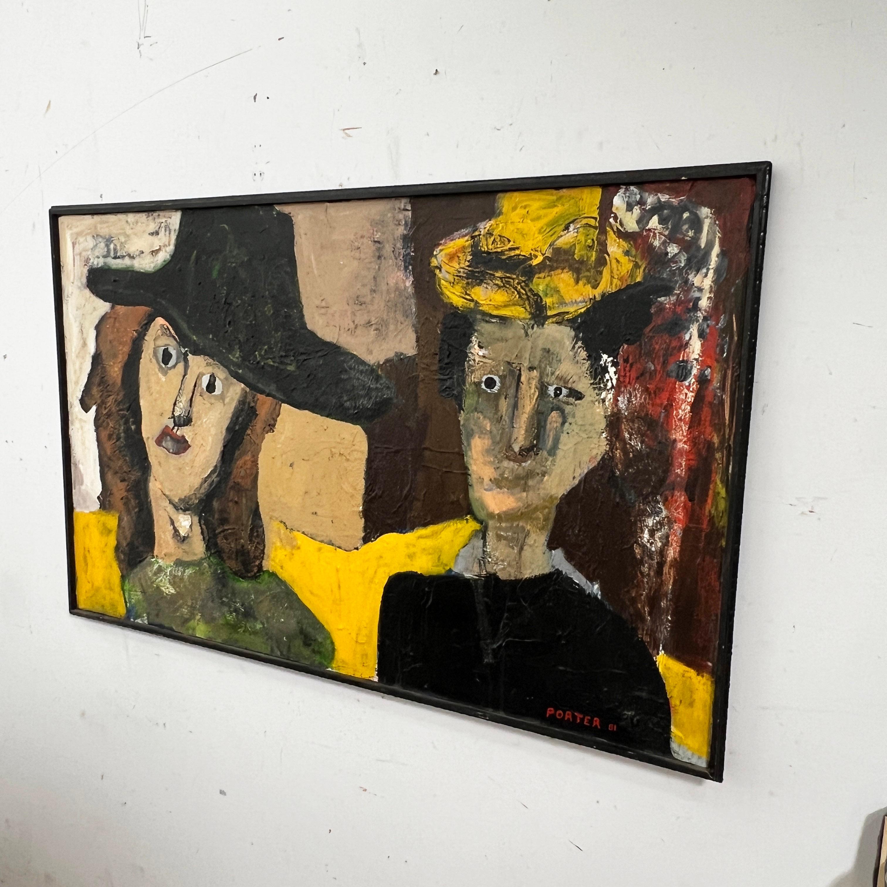 Late 20th Century Post Modern Painting of Two Ladies in Hats Signed Porter, d. 1981