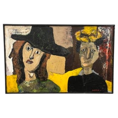 Post Modern Painting of Two Ladies in Hats Signed Porter, d. 1981