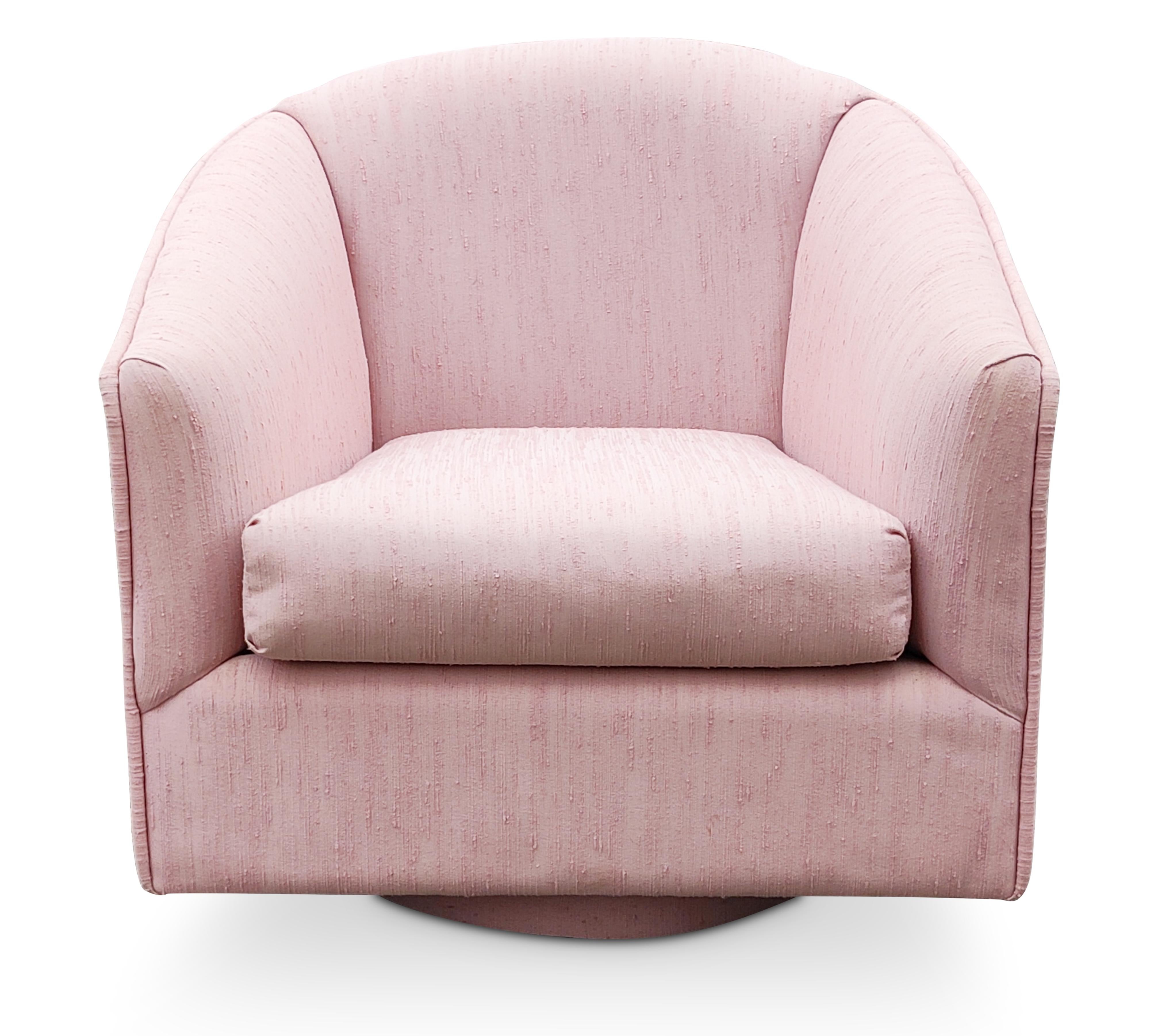 Mid-Century Modern Post-Modern Pair Barrel-Form Pink Upholstered Swivel Lounge Chairs 1980s