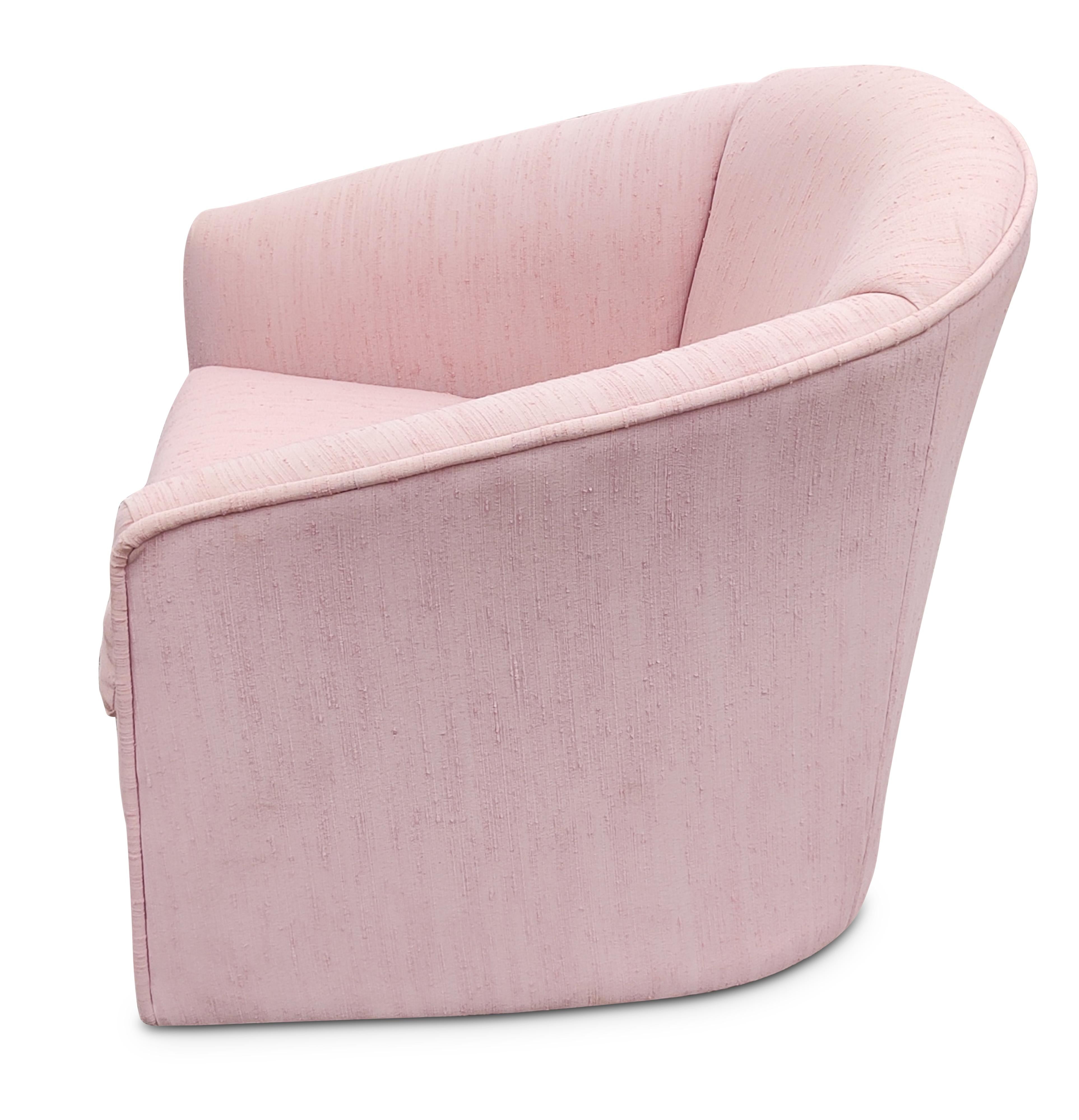 Late 20th Century Post-Modern Pair Barrel-Form Pink Upholstered Swivel Lounge Chairs 1980s