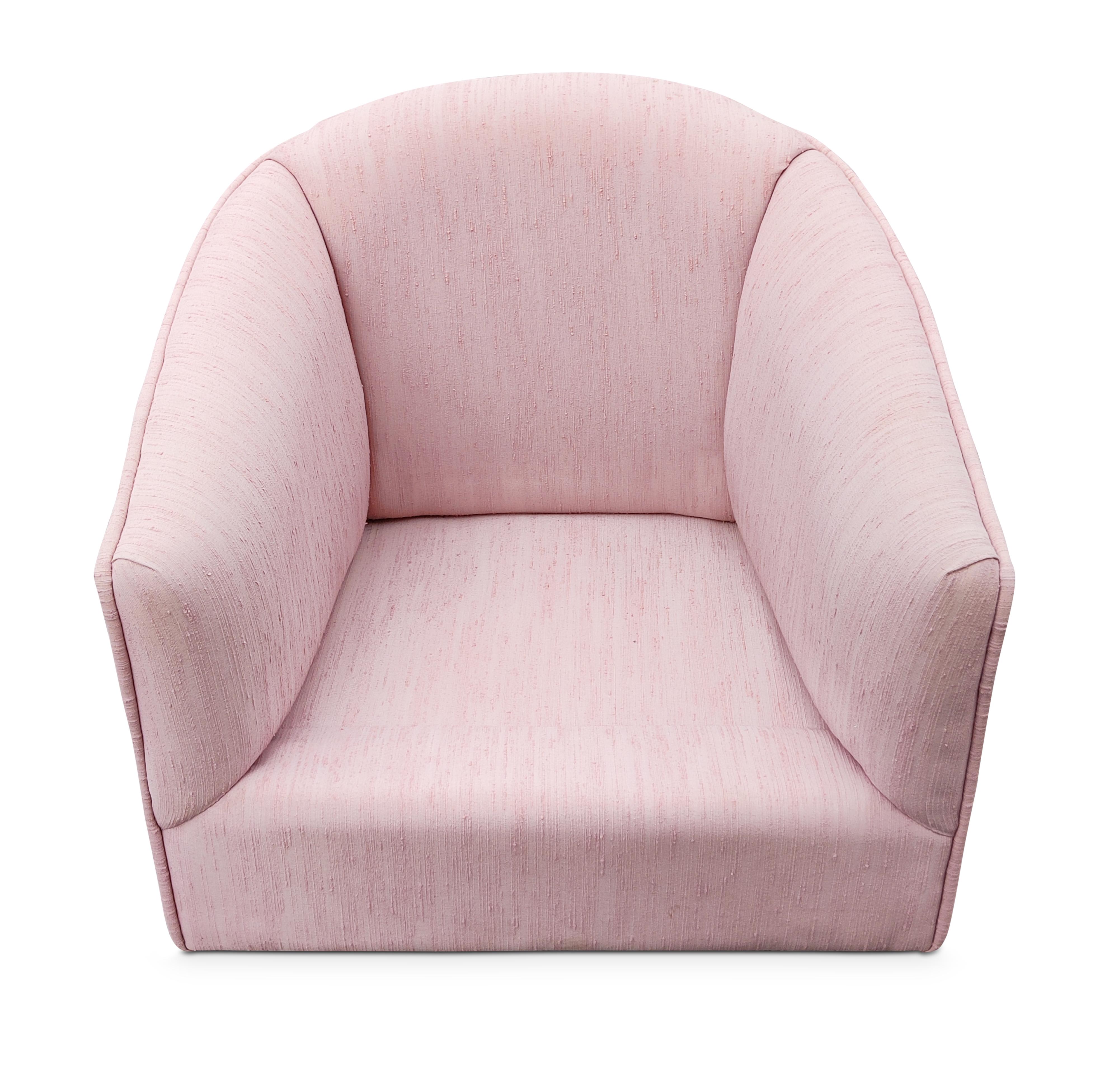Upholstery Post-Modern Pair Barrel-Form Pink Upholstered Swivel Lounge Chairs 1980s
