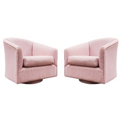 Post-Modern Pair Barrel-Form Pink Upholstered Swivel Lounge Chairs 1980s