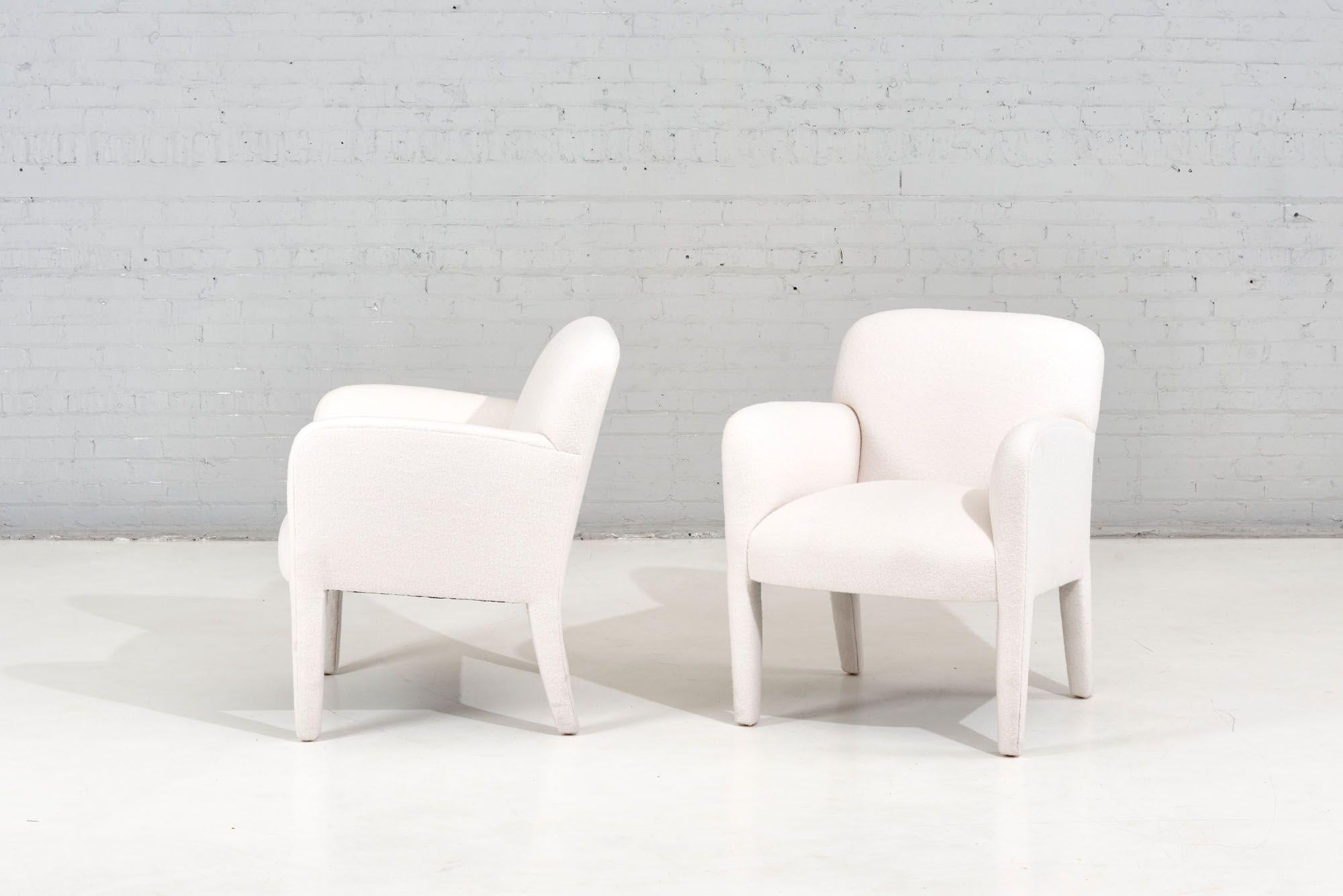 Post Modern Pair Lounge Chairs by Preview in Boucle, 1980 Fully restored and reupholstered in white boucle.

