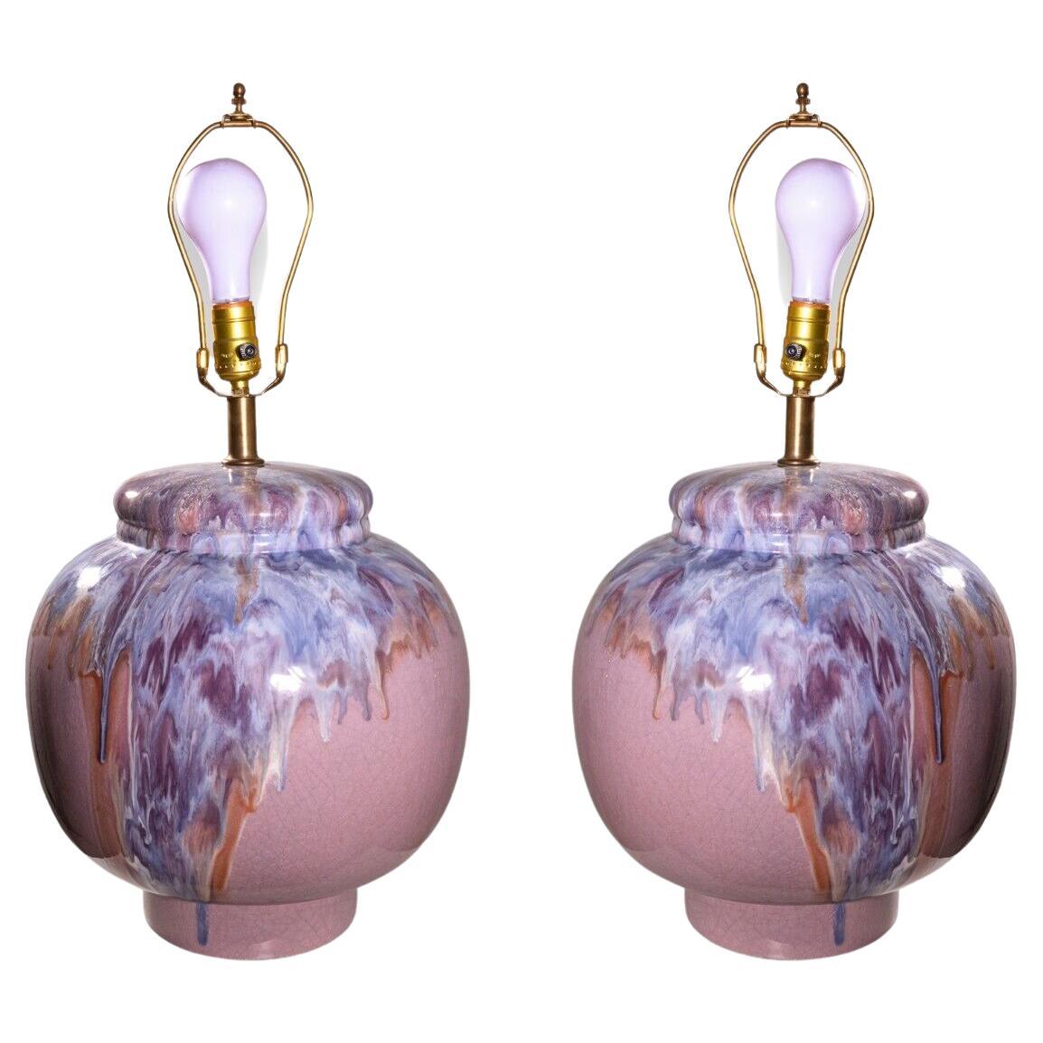 Post Modern Pair of 90s Pink Blue and Purple Drip Glaze Three Way Table Lamps For Sale