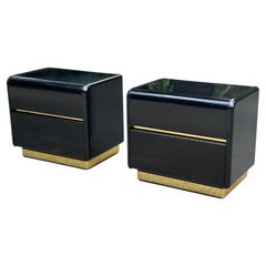 Vintage Post-Modern Pair of Black and Brass Lacquer 1980s Nightstands